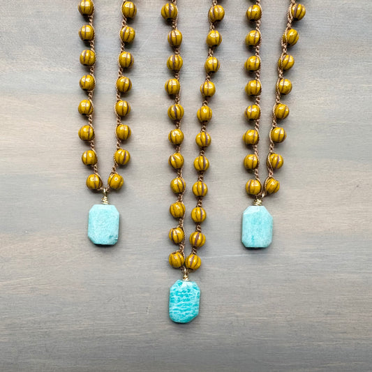 Goldenrod Glass Crocheted Necklace With Faceted Amazonite