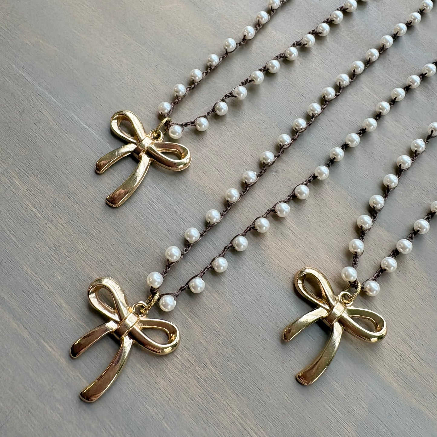 French Bow Pendant Necklace With Crocheted Glass Pearls