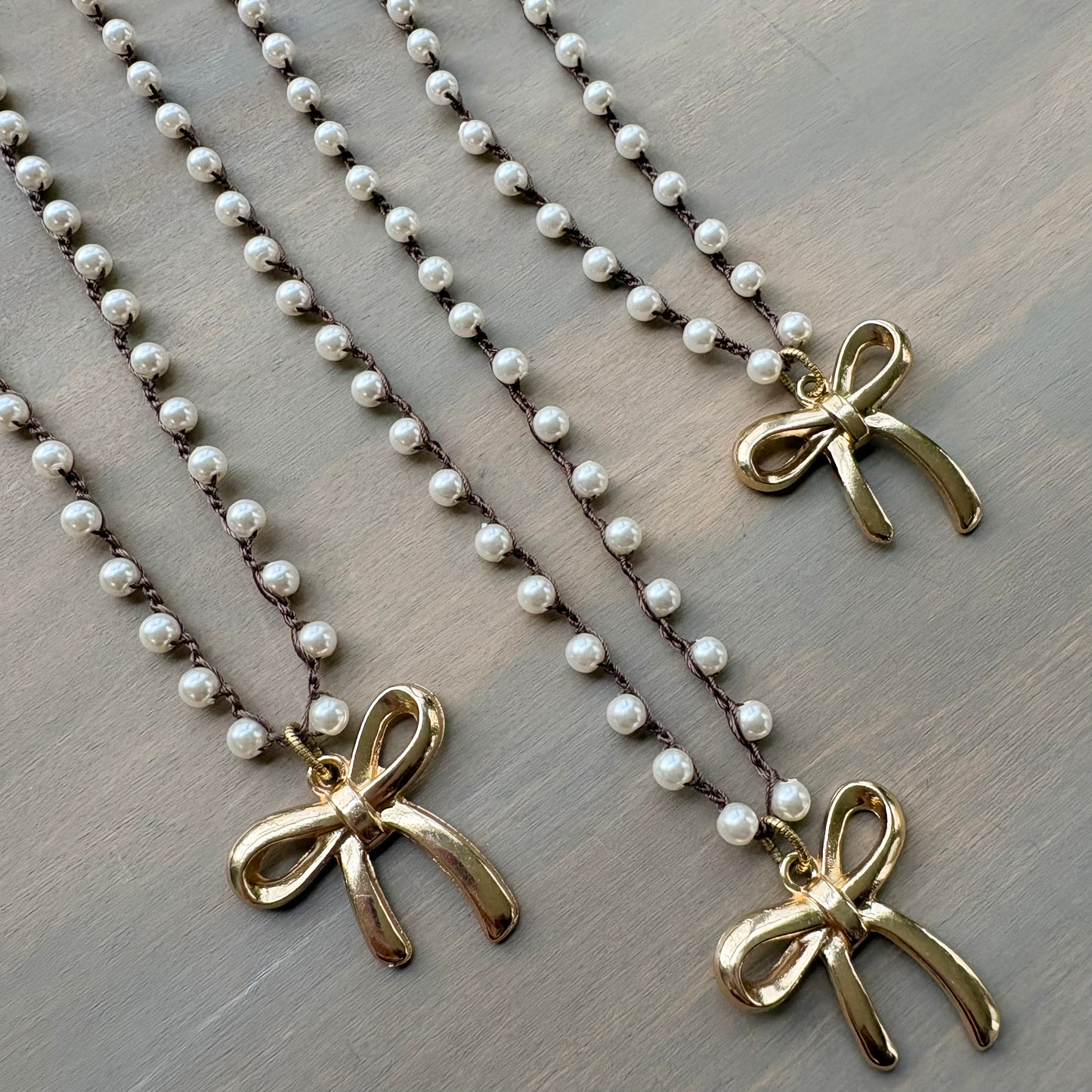French Bow Pendant Necklace With Crocheted Glass Pearls