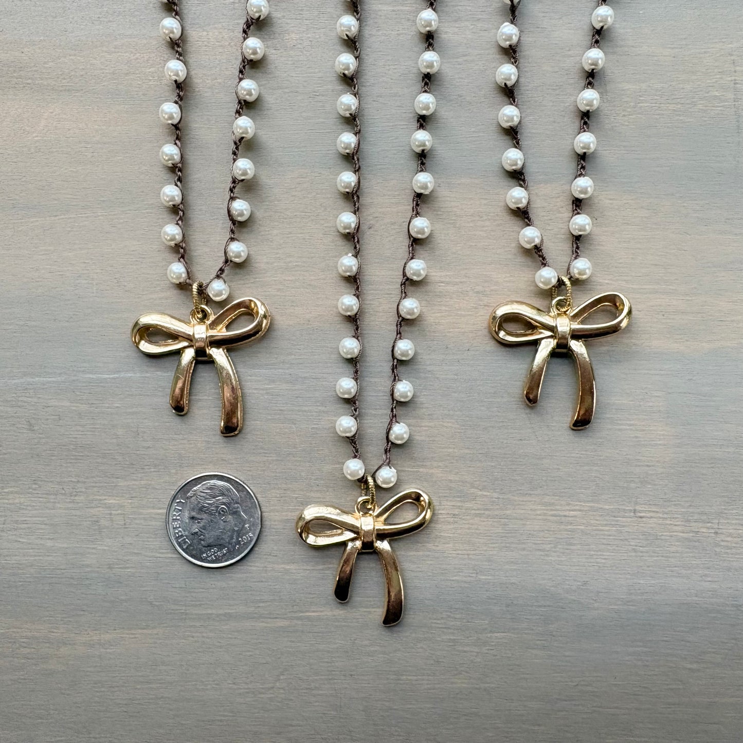 French Bow Pendant Necklace With Crocheted Glass Pearls