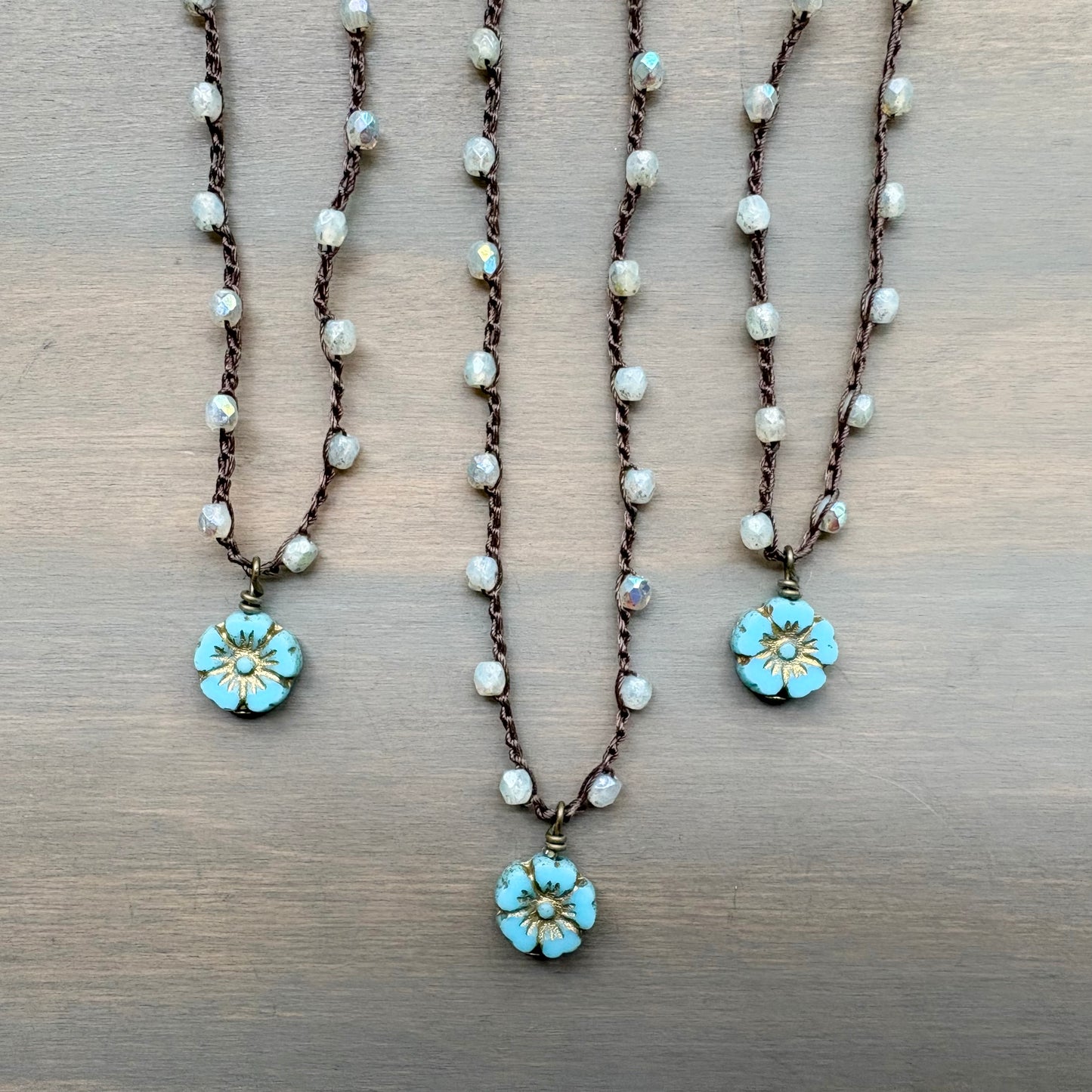 Dainty Aqua Beach Flower Necklace With Opal Shimmer Crystal