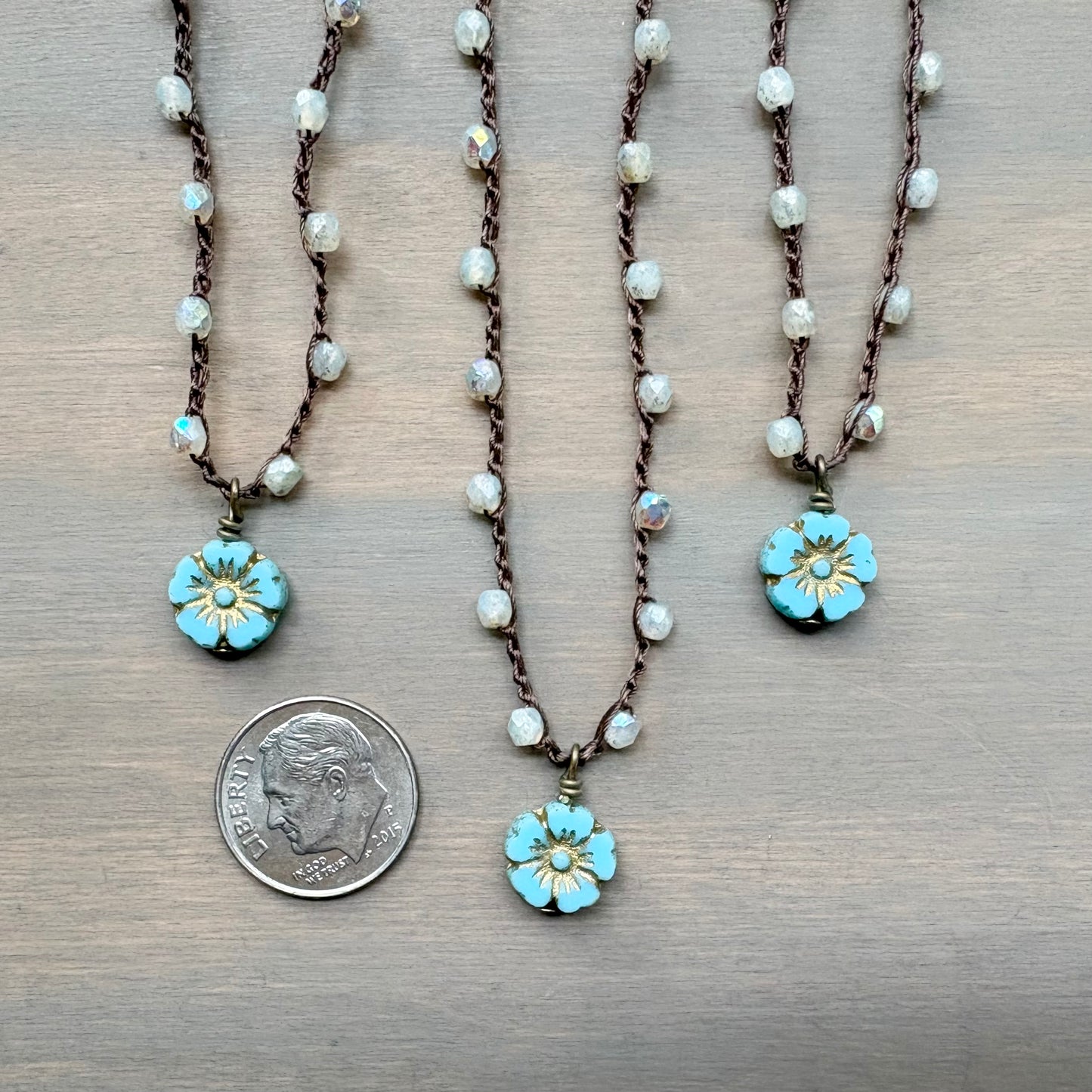 Dainty Aqua Beach Flower Necklace With Opal Shimmer Crystal