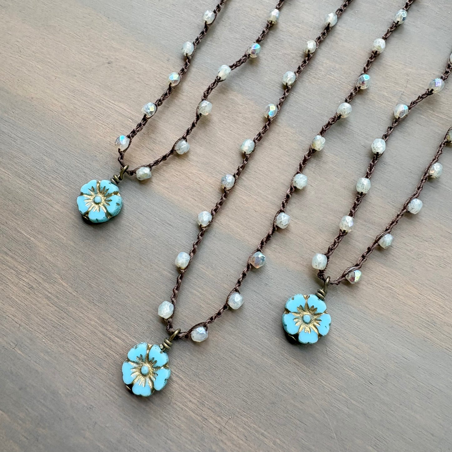 Dainty Aqua Beach Flower Necklace With Opal Shimmer Crystal