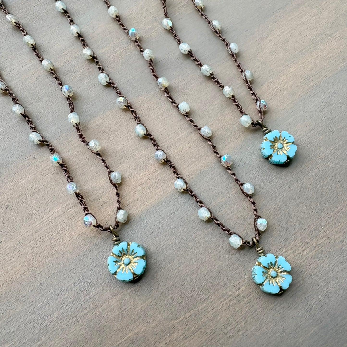 Dainty Aqua Beach Flower Necklace With Opal Shimmer Crystal