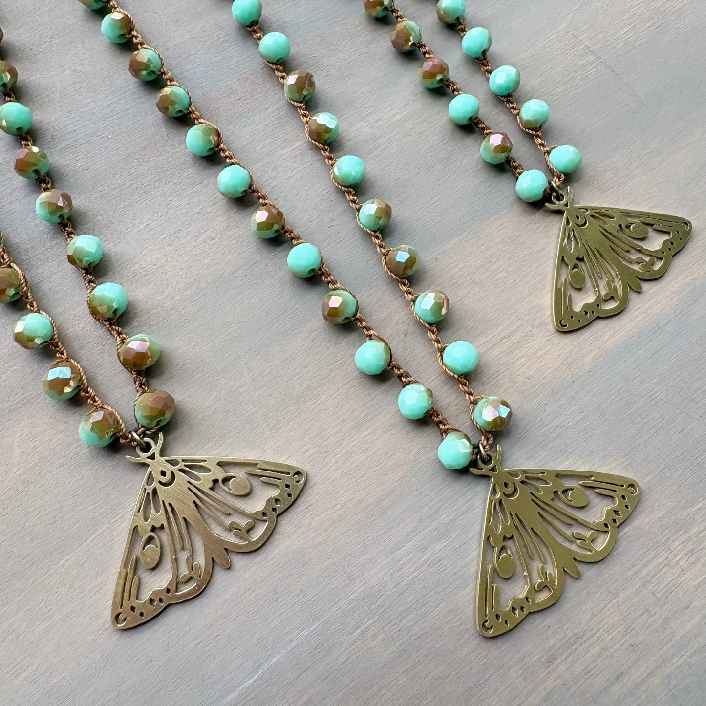 Mystic Moth Pendant On Faceted Czech Crystal Crocheted Strand