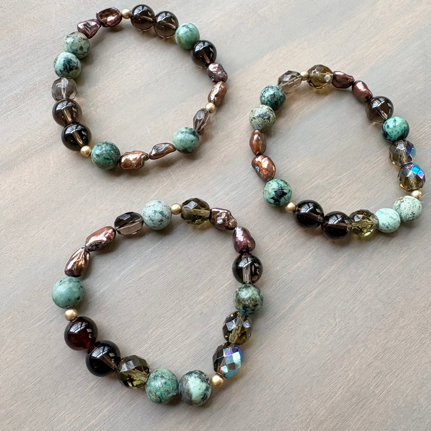 Turquoise, Freshwater Pearl, and Smoky Quartz Stretch Bracelet