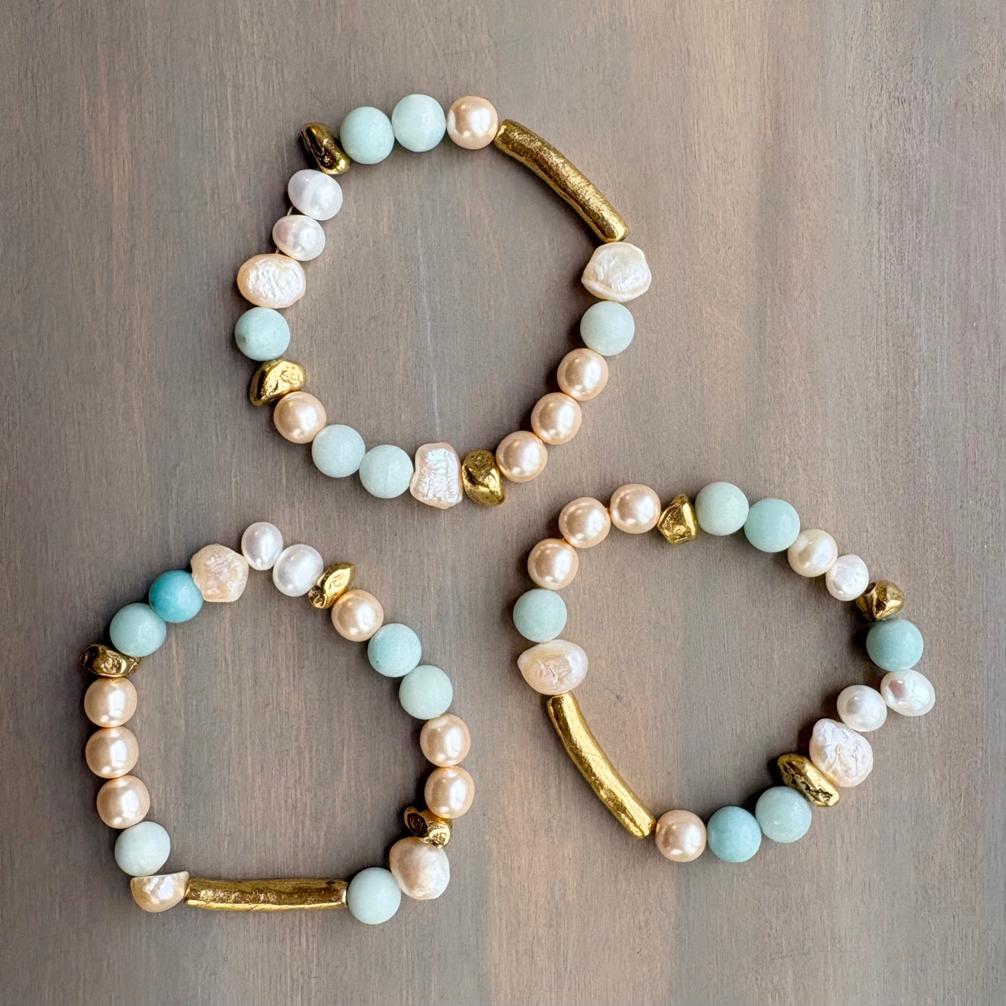 Rustic Gold Stretch Bracelet With Semi-Precious Stones and Pearls