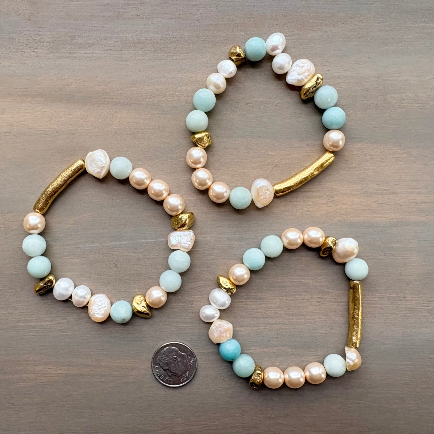 Rustic Gold Stretch Bracelet With Semi-Precious Stones and Pearls