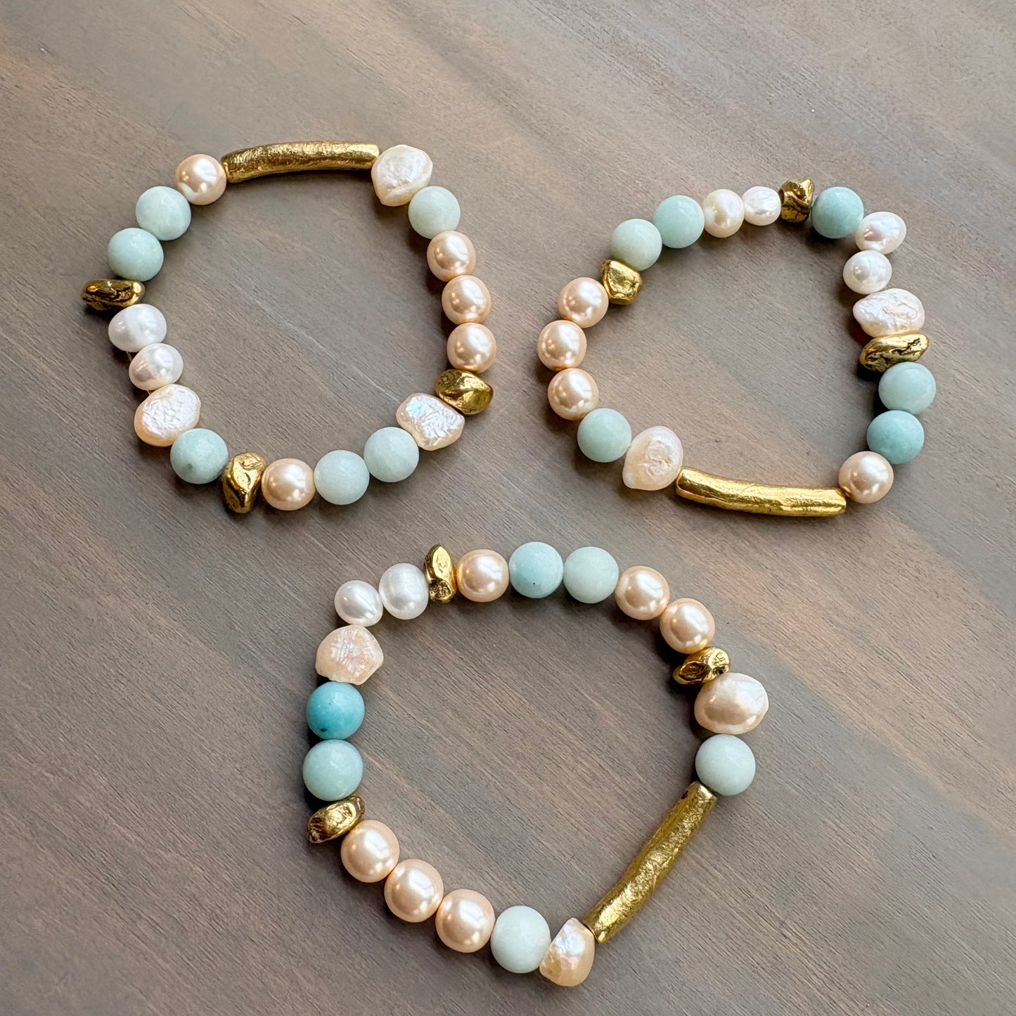 Rustic Gold Stretch Bracelet With Semi-Precious Stones and Pearls