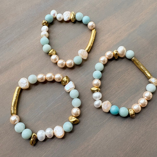 Rustic Gold Stretch Bracelet With Semi-Precious Stones and Pearls