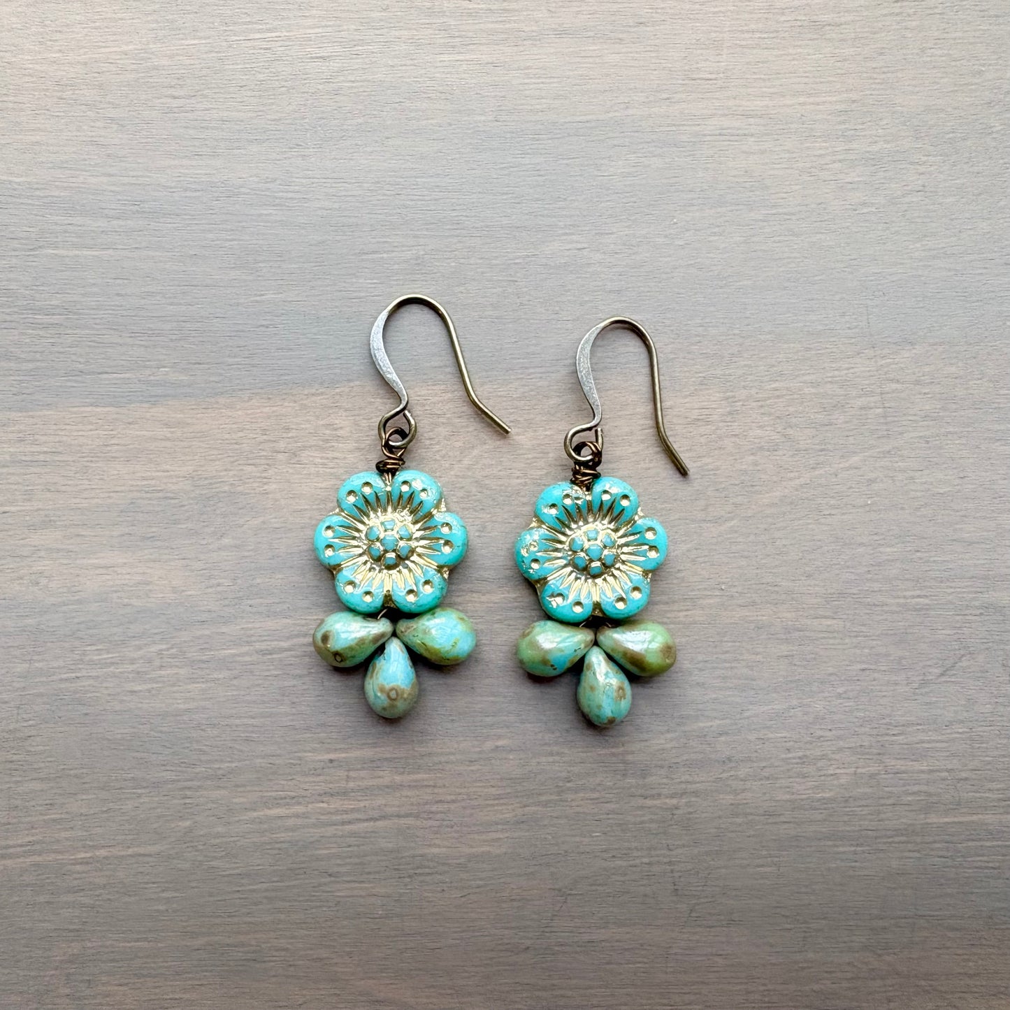 Aqua Green Glass Flower Droplet Earrings