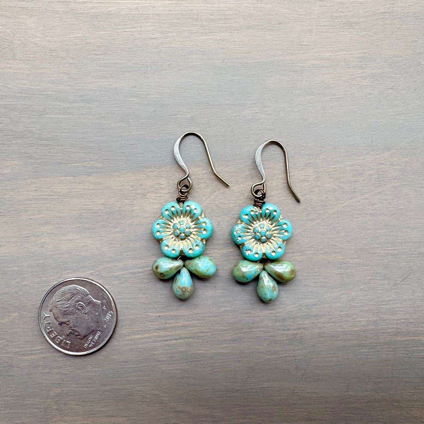 Aqua Green Glass Flower Droplet Earrings
