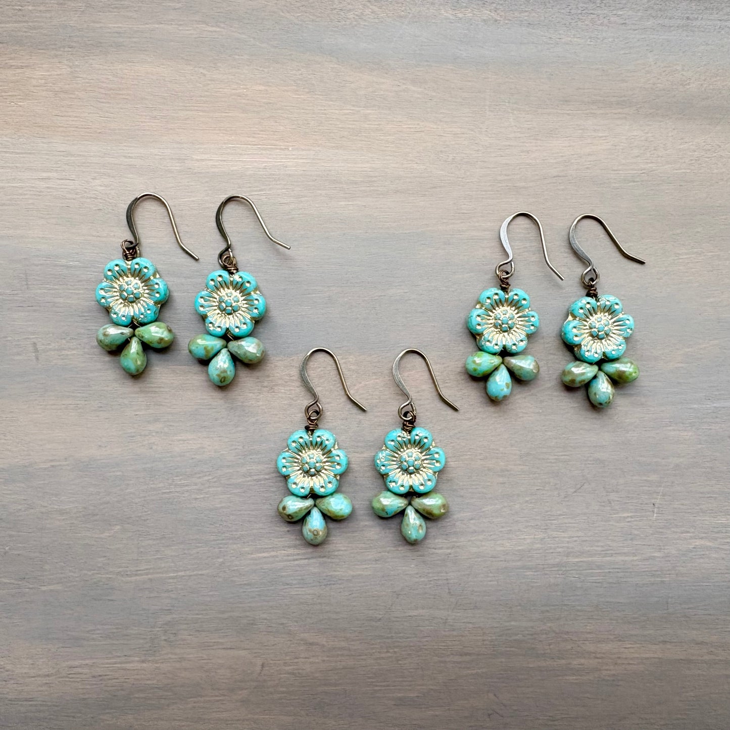 Aqua Green Glass Flower Droplet Earrings