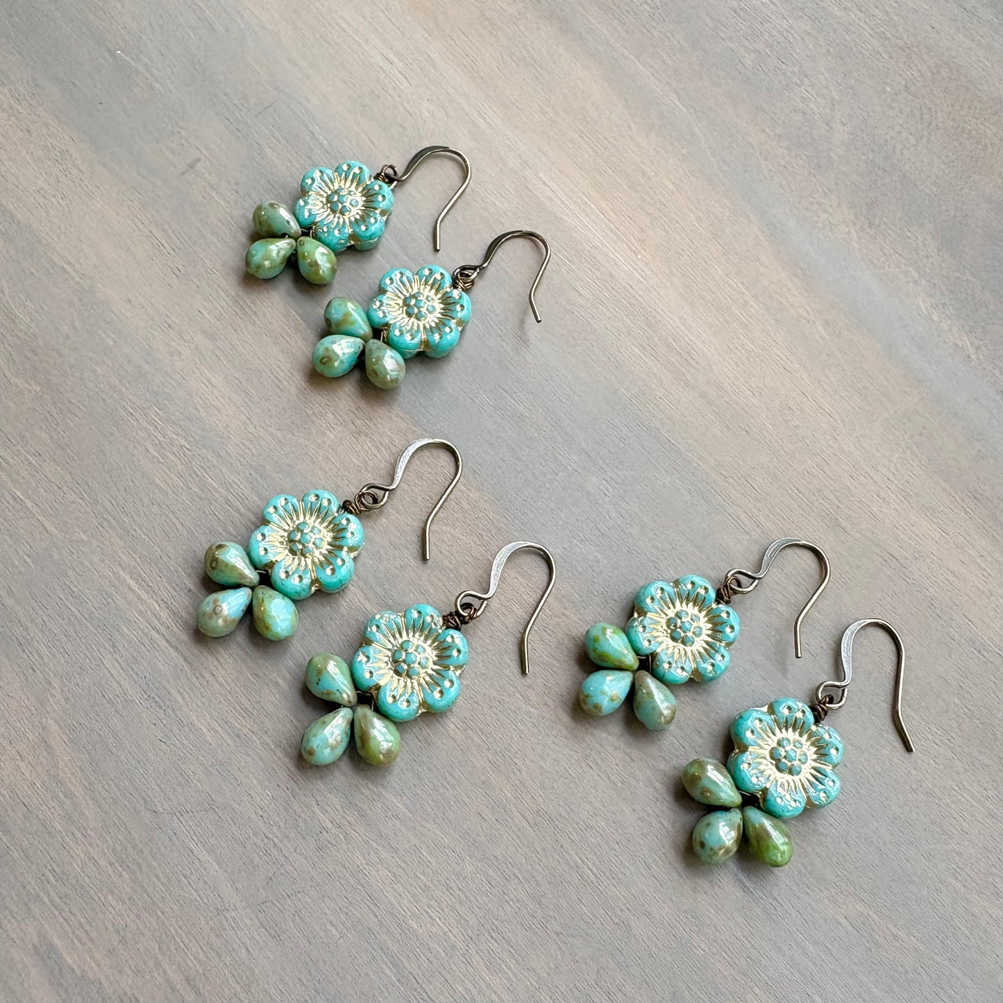 Aqua Green Glass Flower Droplet Earrings