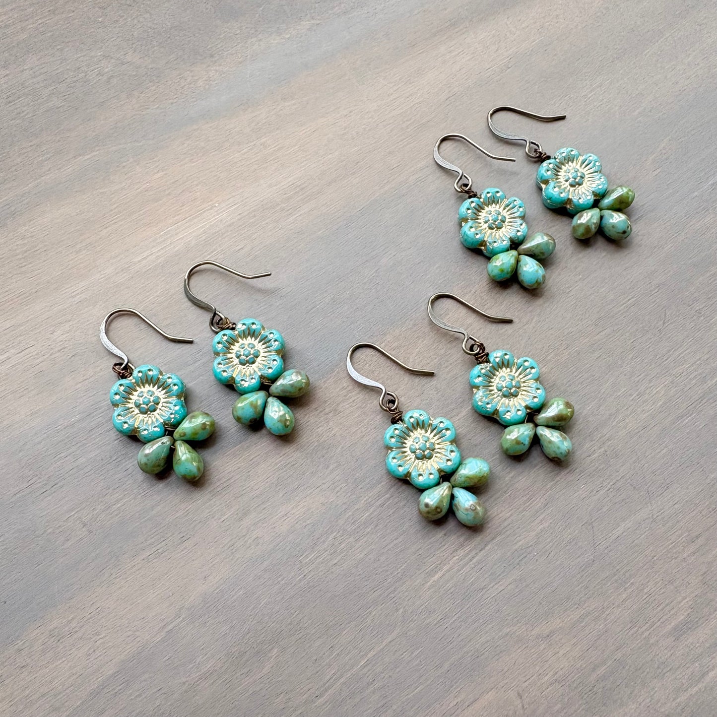 Aqua Green Glass Flower Droplet Earrings