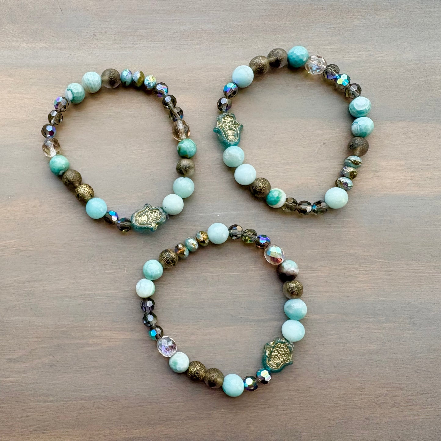 Hamsa And Amazonite Stretch Bracelet With Agate Stones