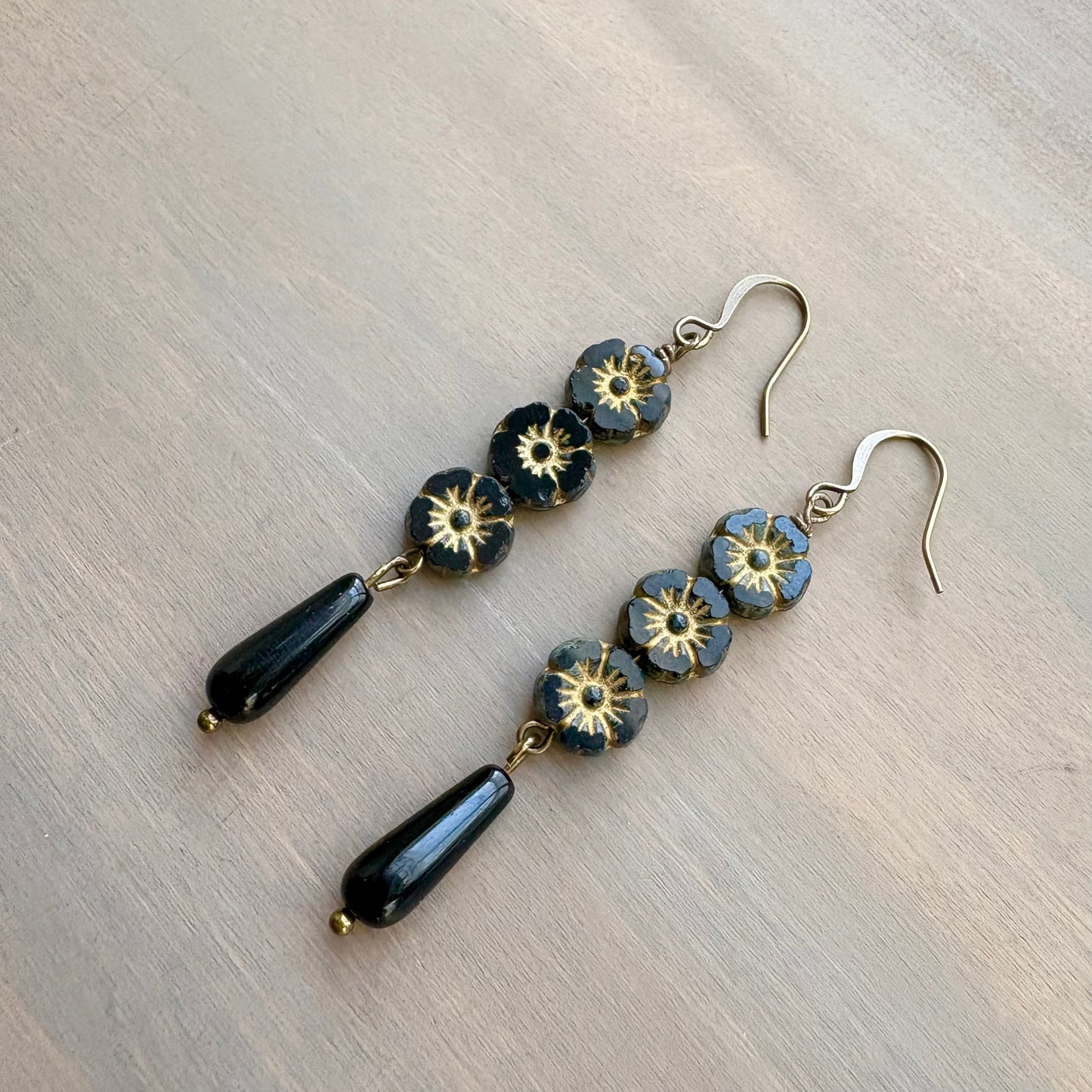 Jet Black And Gold Flower Garden Drop Earrings