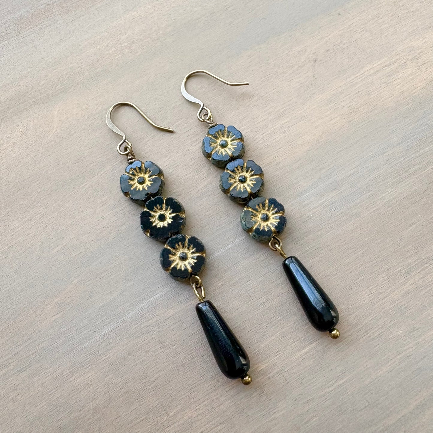 Jet Black And Gold Flower Garden Drop Earrings