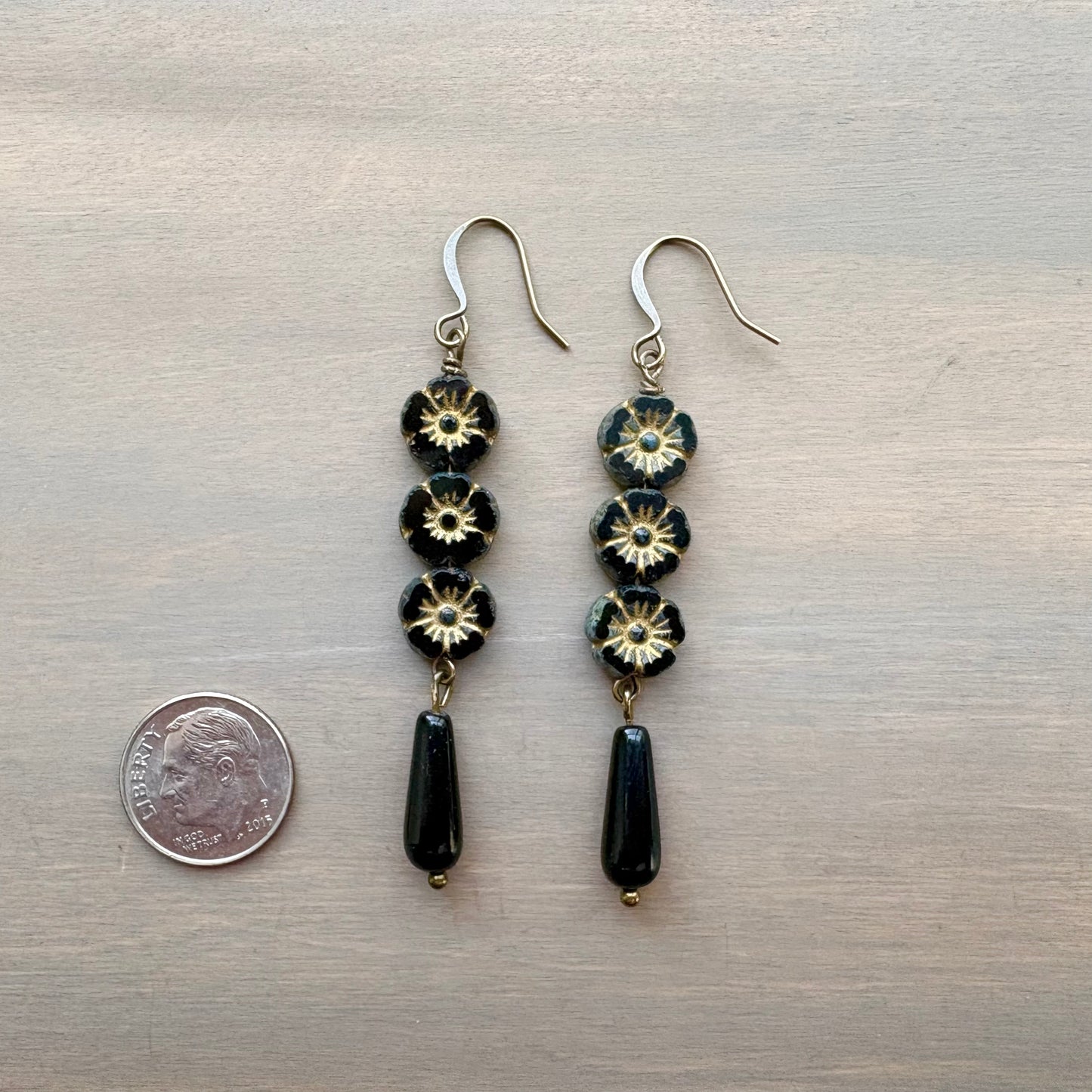 Jet Black And Gold Flower Garden Drop Earrings