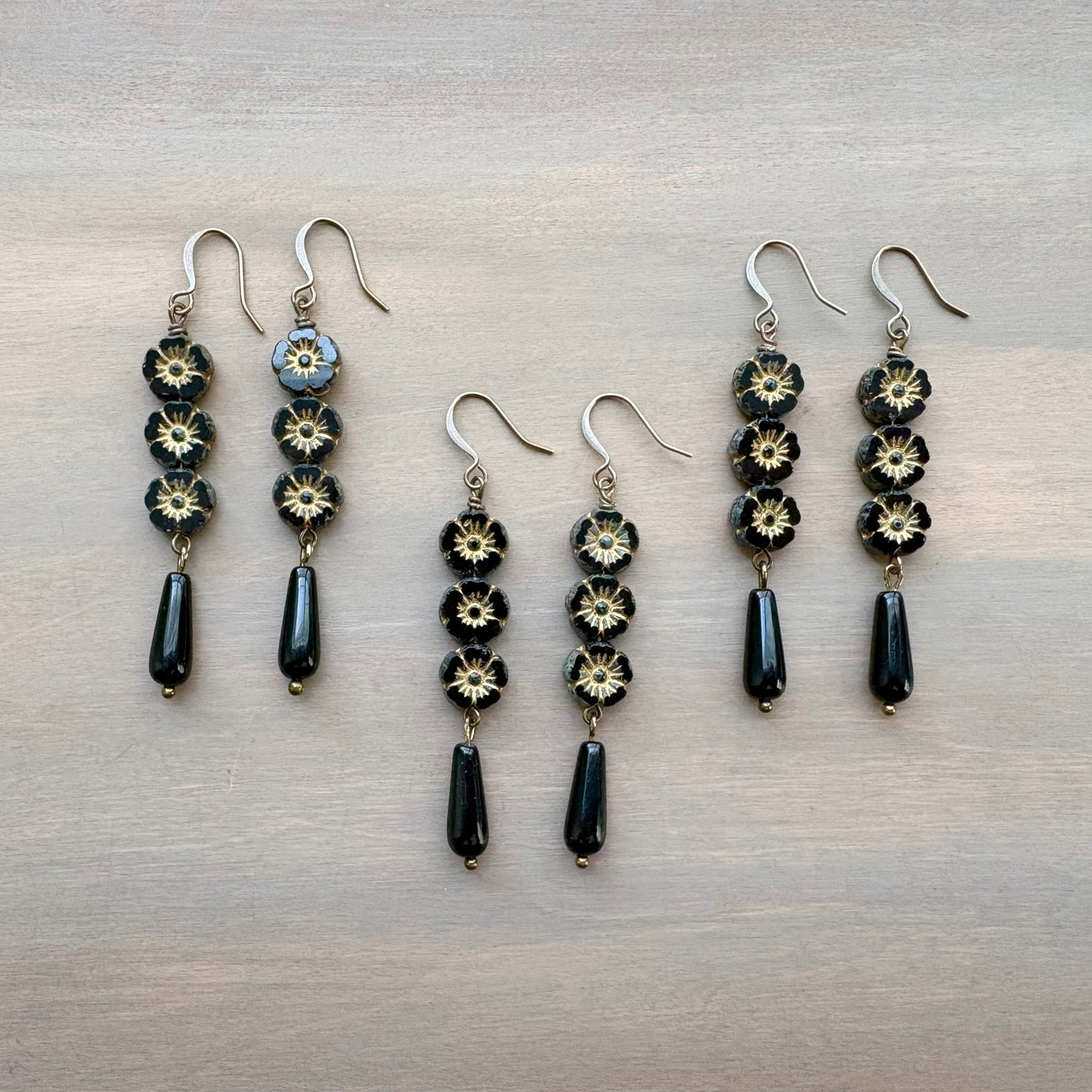 Jet Black And Gold Flower Garden Drop Earrings