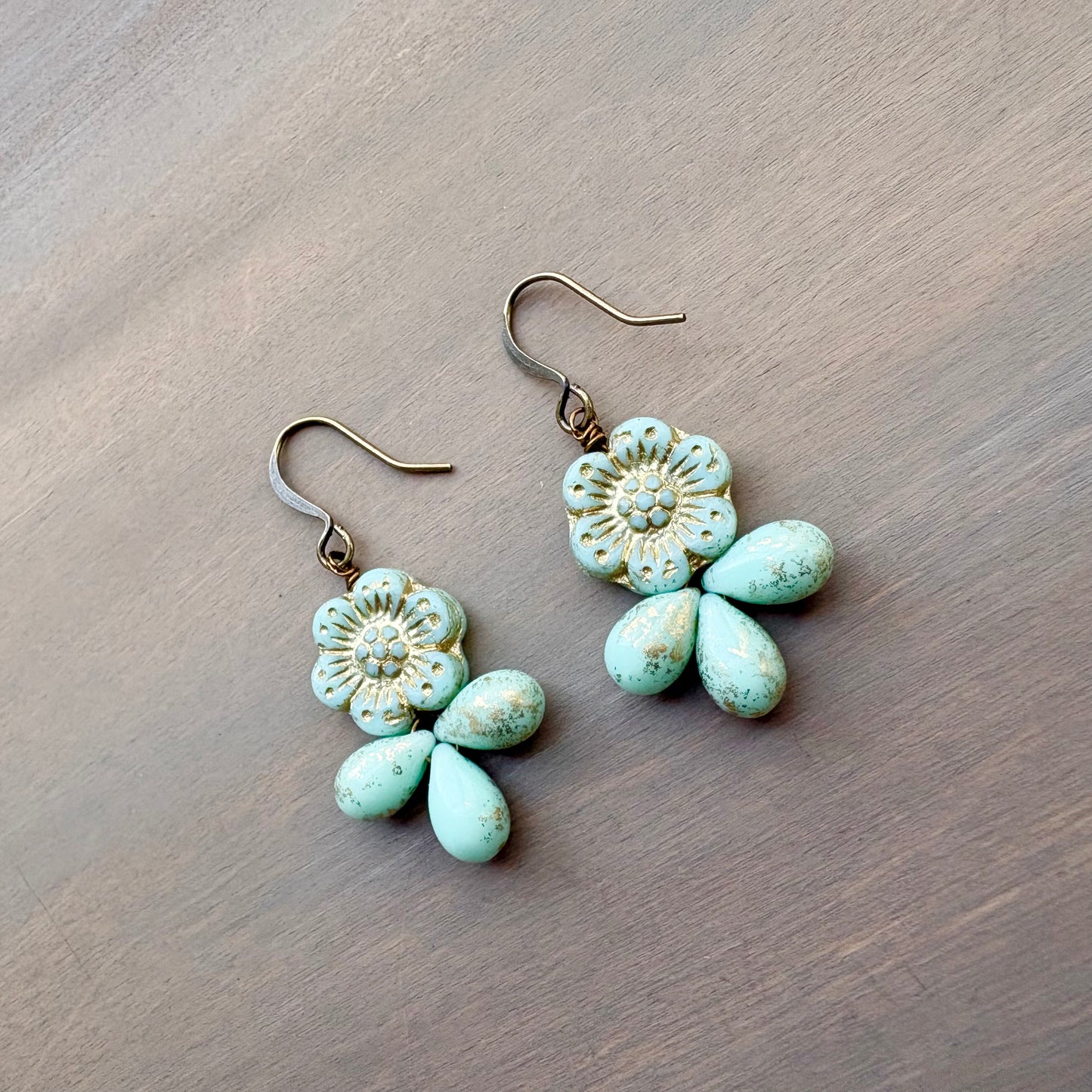 Golden Mint Flower Droplet Earrings