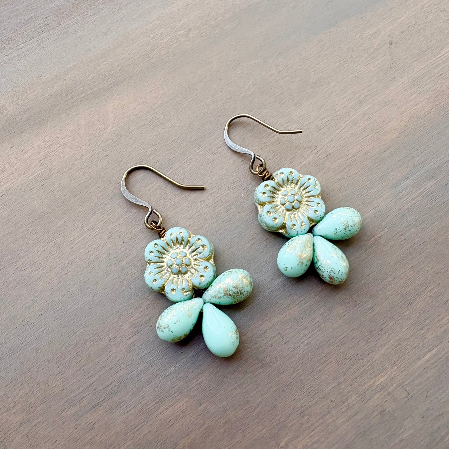 Golden Mint Flower Droplet Earrings