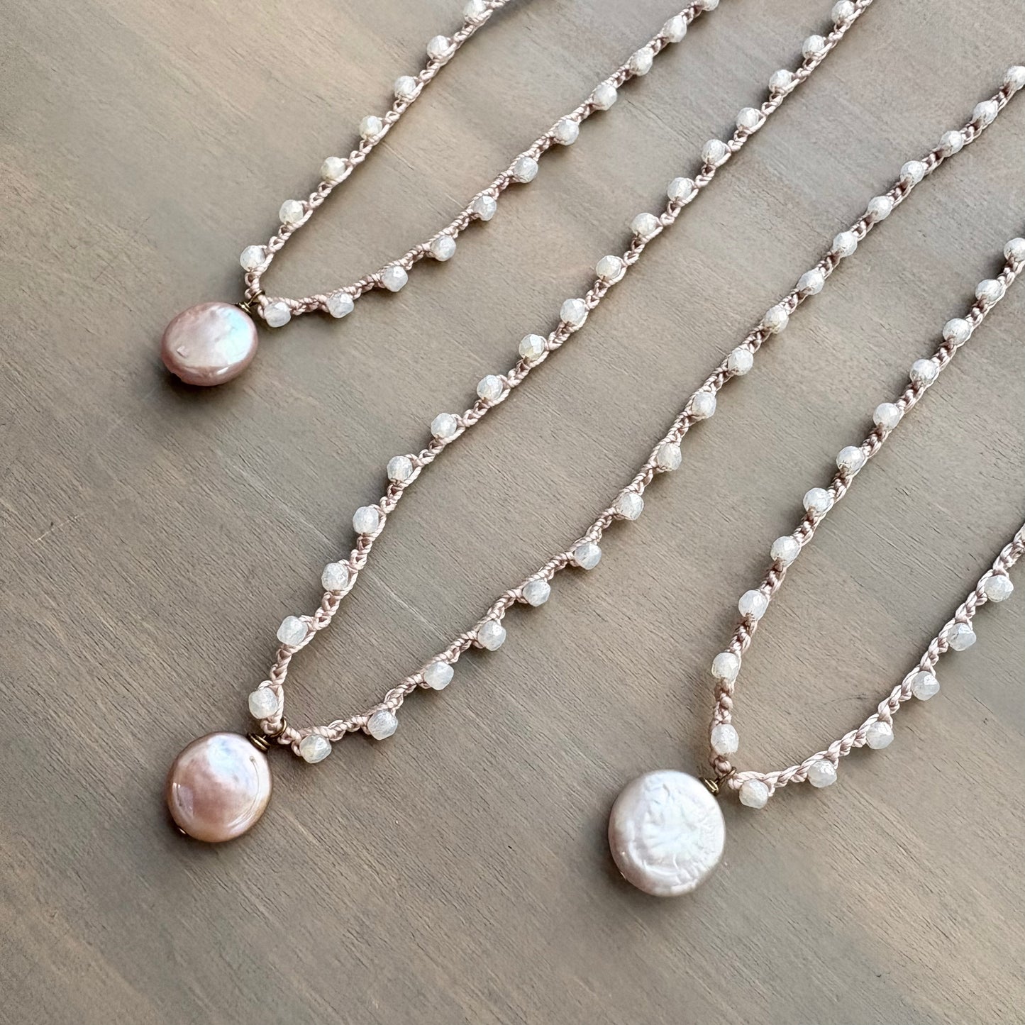 Blush Freshwater Coin Pearl Crocheted Necklace