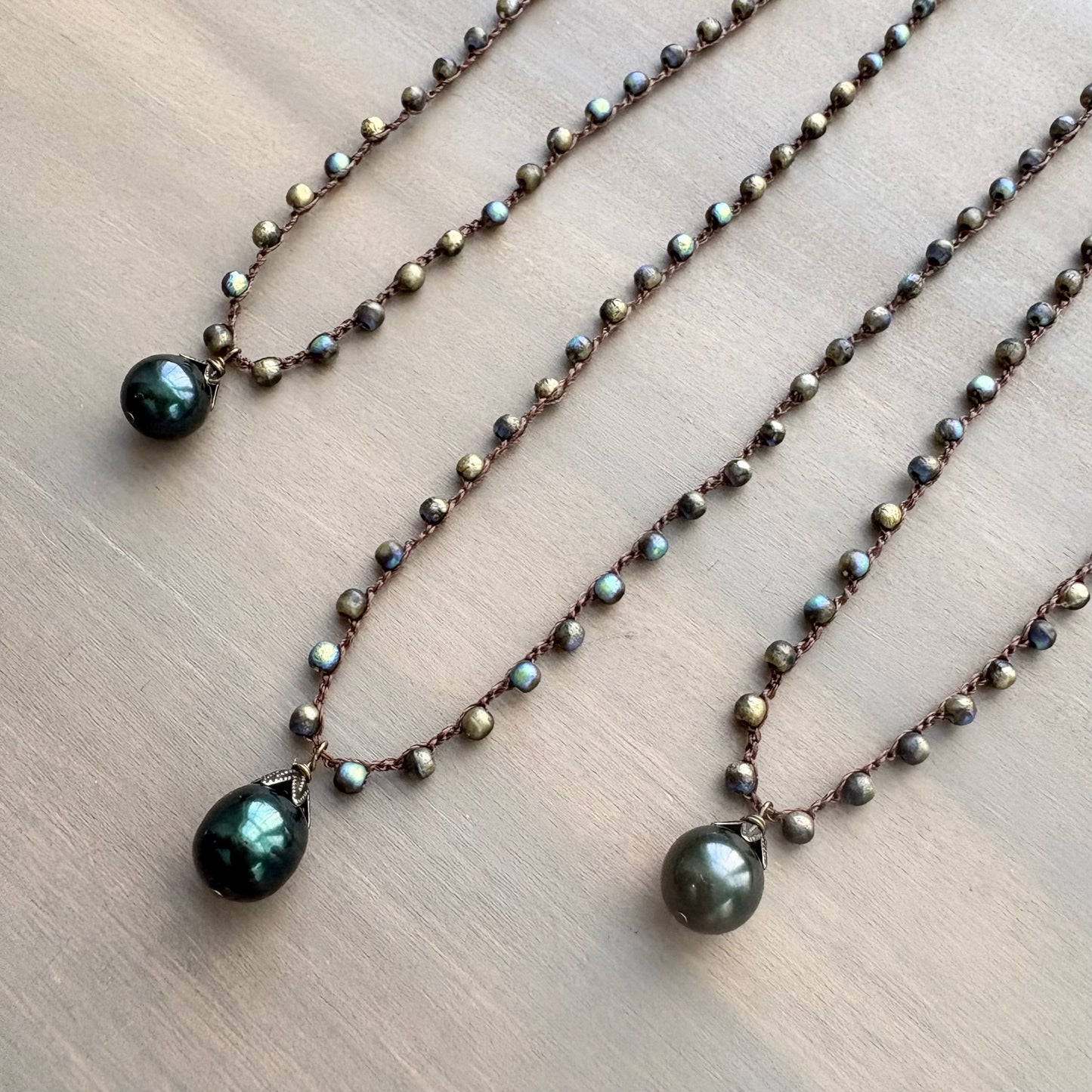 Deep Sea Green Freshwater Pearl Drop Crocheted Necklace