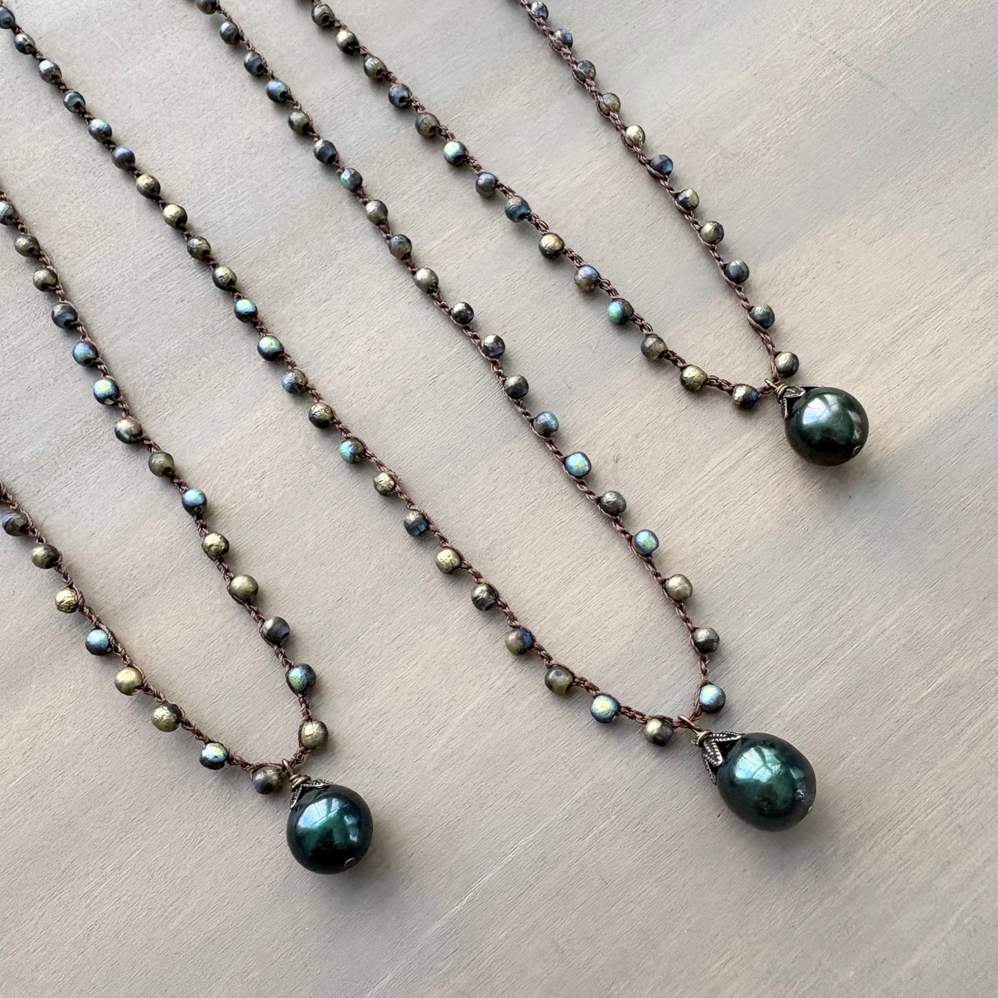 Deep Sea Green Freshwater Pearl Drop Crocheted Necklace
