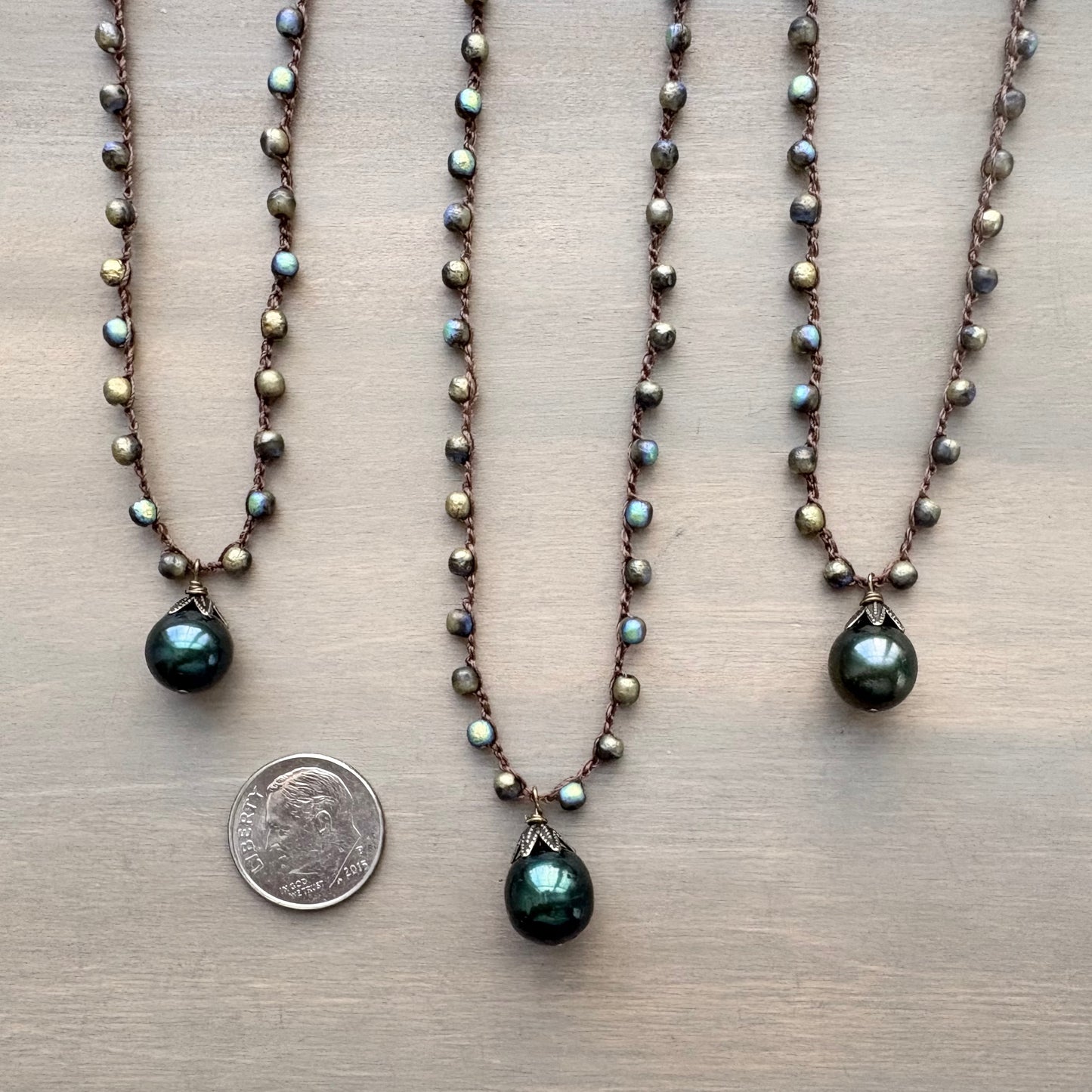 Deep Sea Green Freshwater Pearl Drop Crocheted Necklace