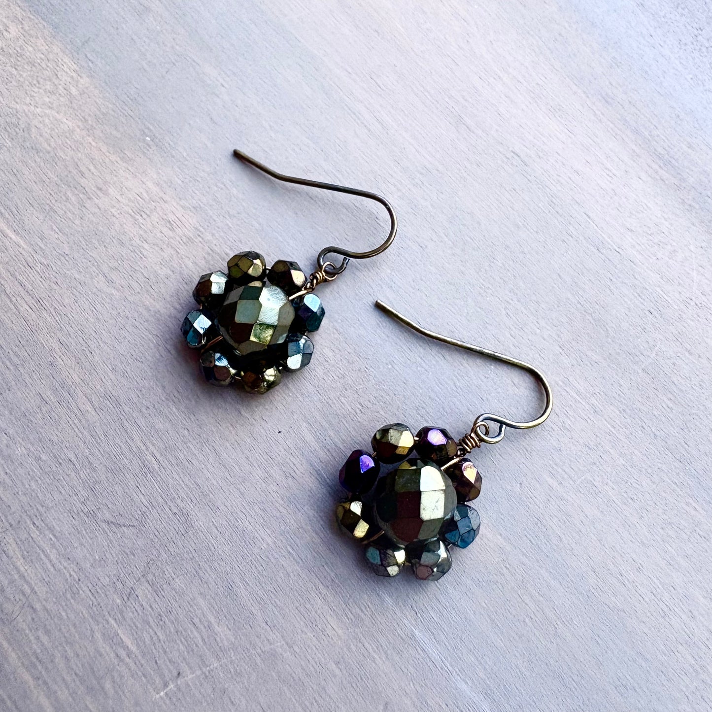 Bronzy Golden Green Crystal Flower Earrings