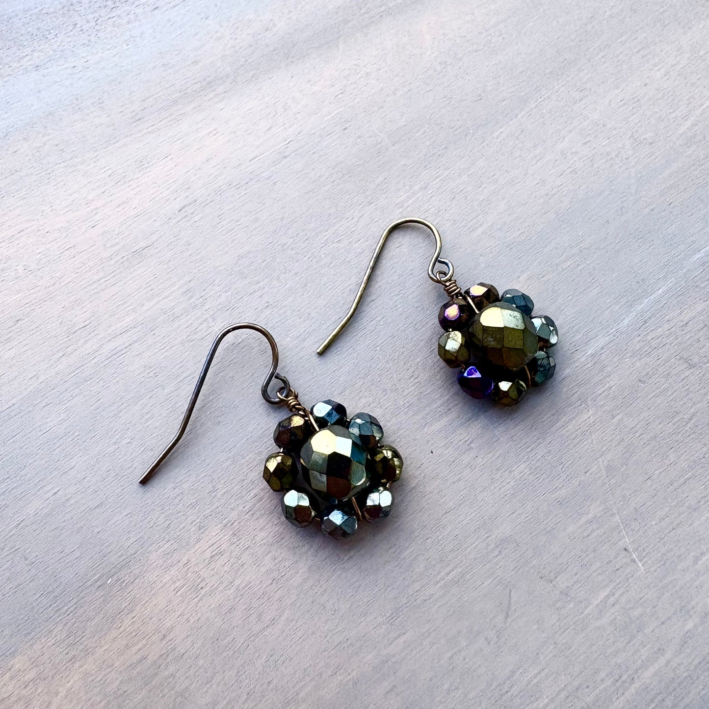 Bronzy Golden Green Crystal Flower Earrings