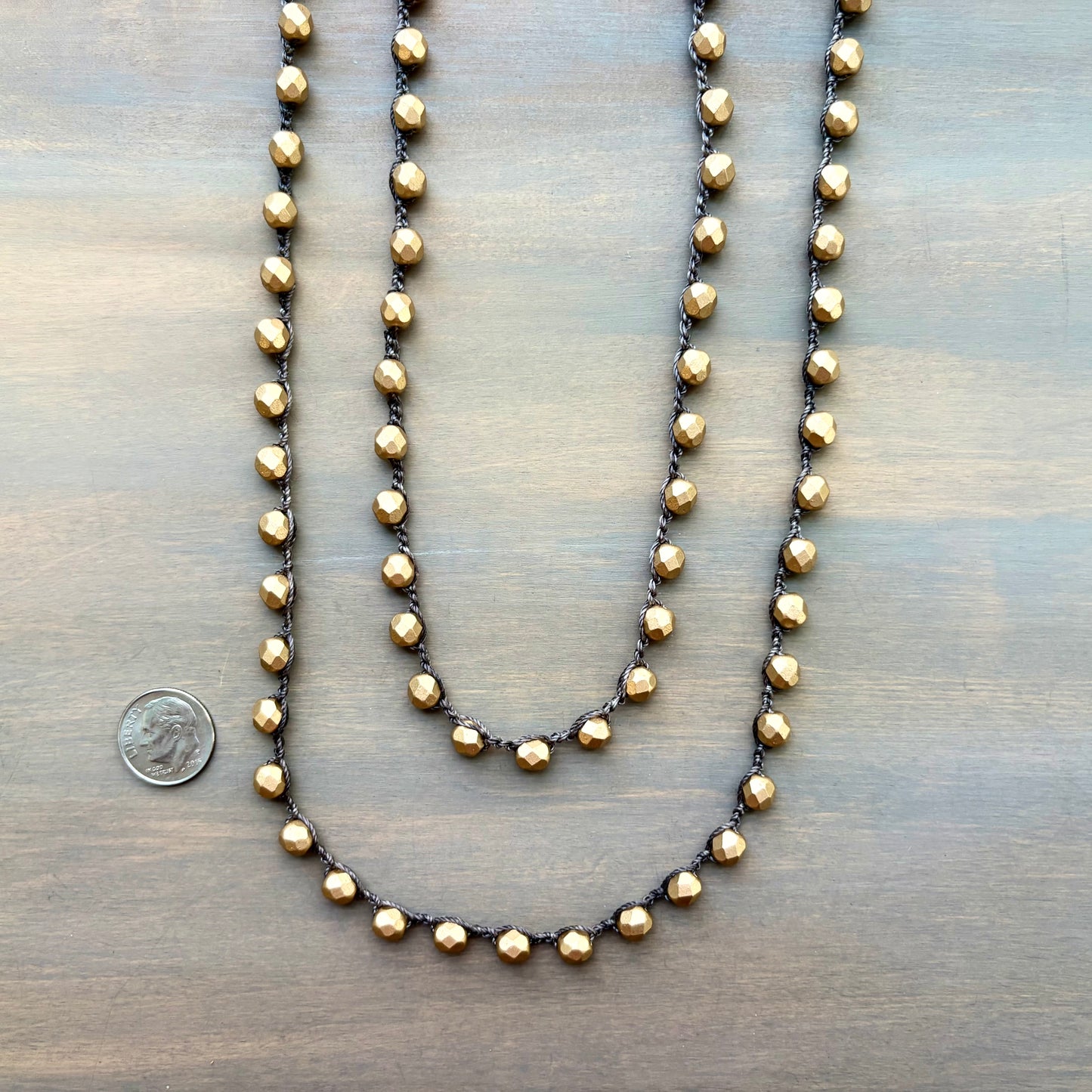 Satin Gold Crystal Long Layering Crocheted Necklace