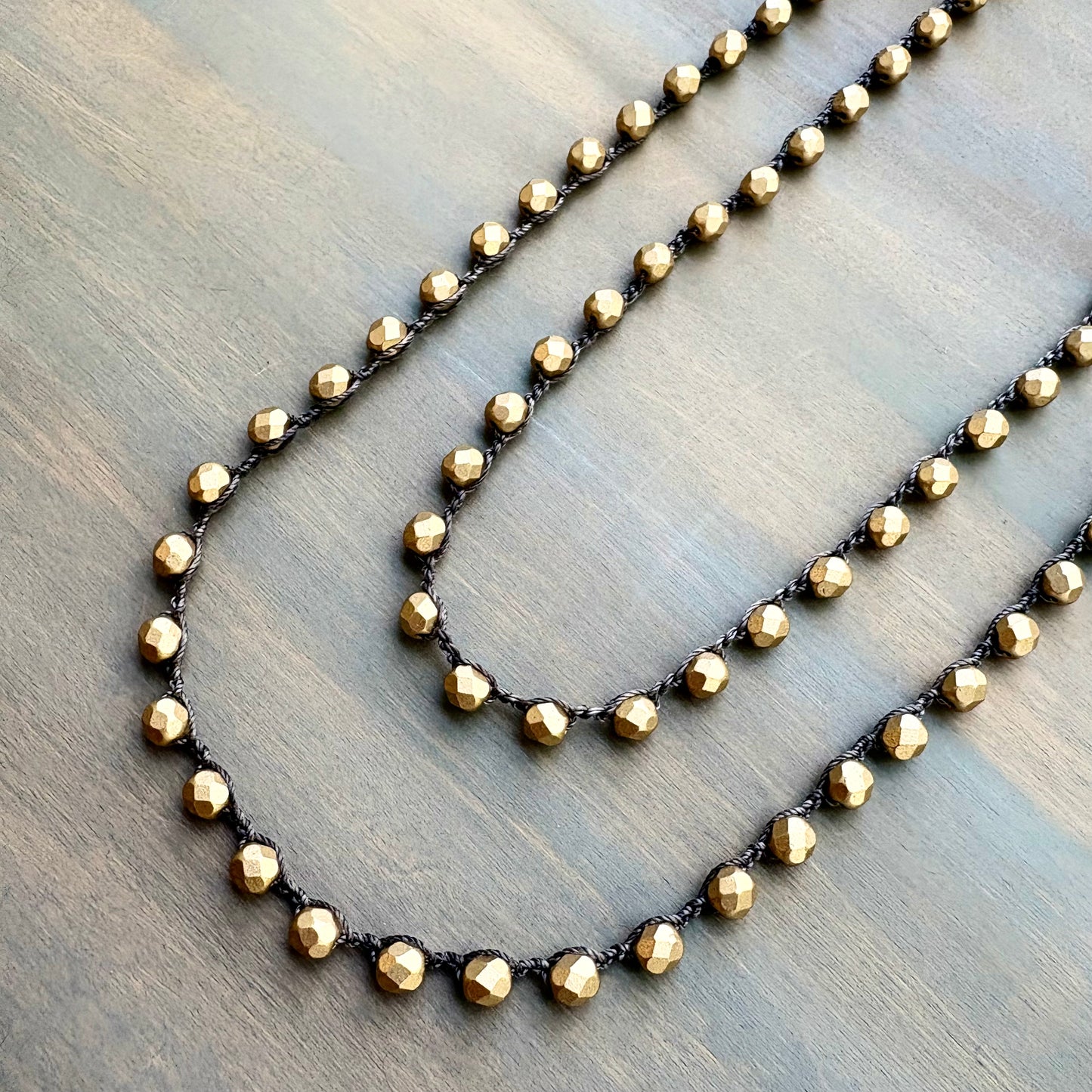 Satin Gold Crystal Long Layering Crocheted Necklace
