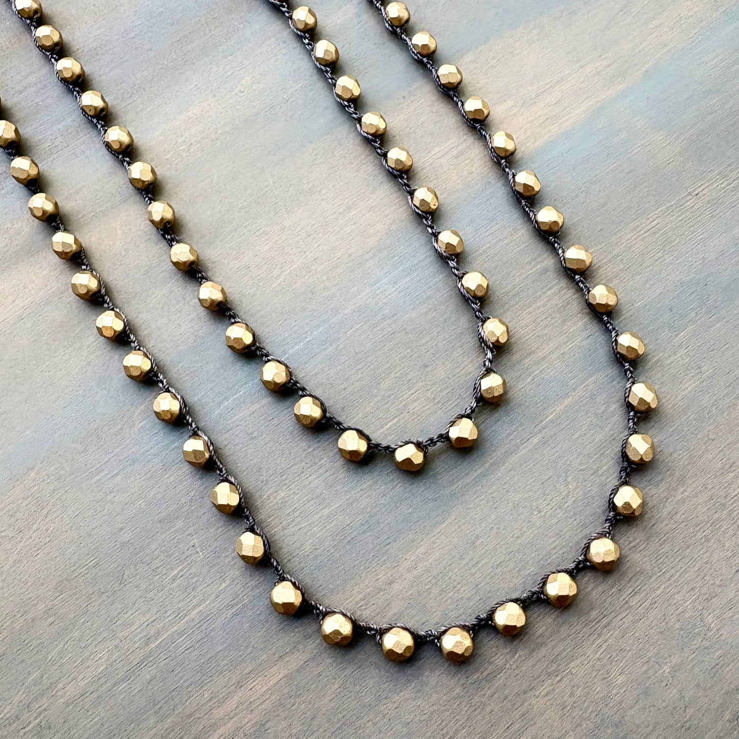 Satin Gold Crystal Long Layering Crocheted Necklace