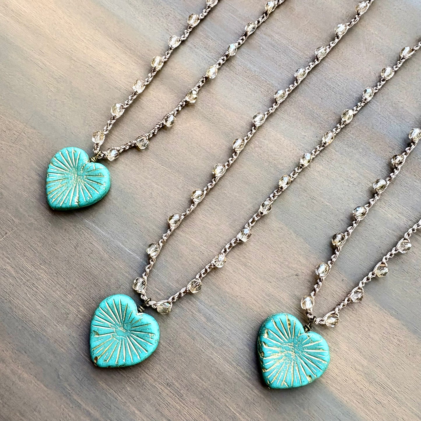 Rustic Heart Pendant Necklace With Crocheted Champagne Crystal