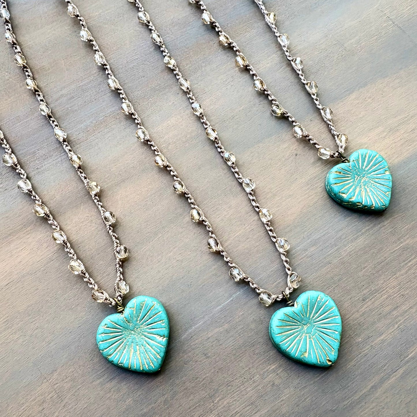 Rustic Heart Pendant Necklace With Crocheted Champagne Crystal