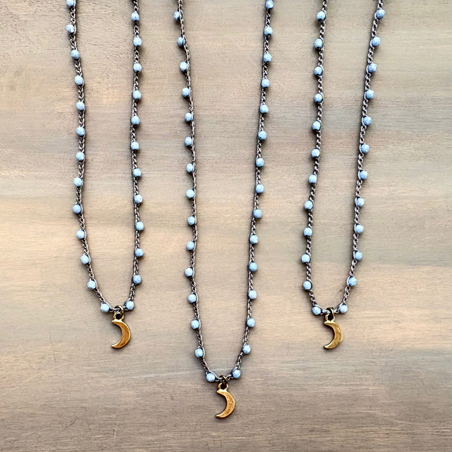 Crescent Dream Moon Pendant Necklace On Crocheted Czech Crystal