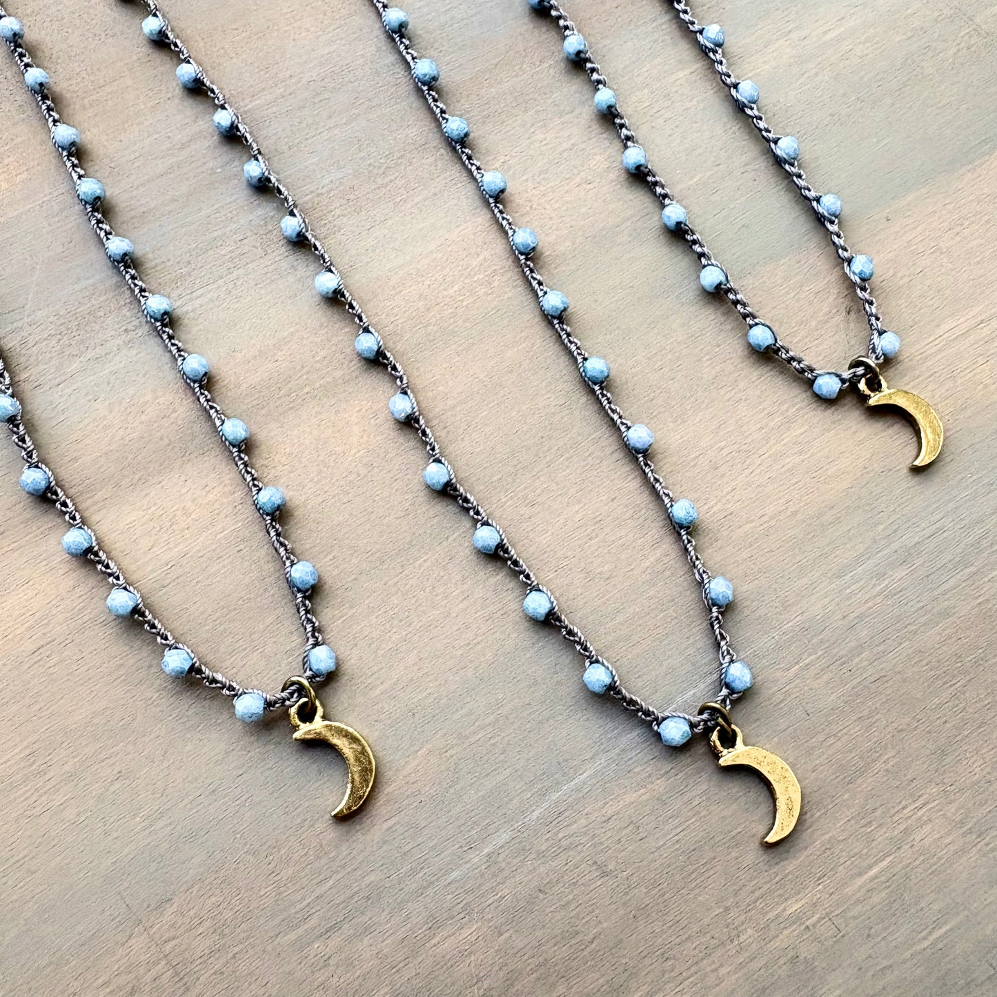 Crescent Dream Moon Pendant Necklace On Crocheted Czech Crystal