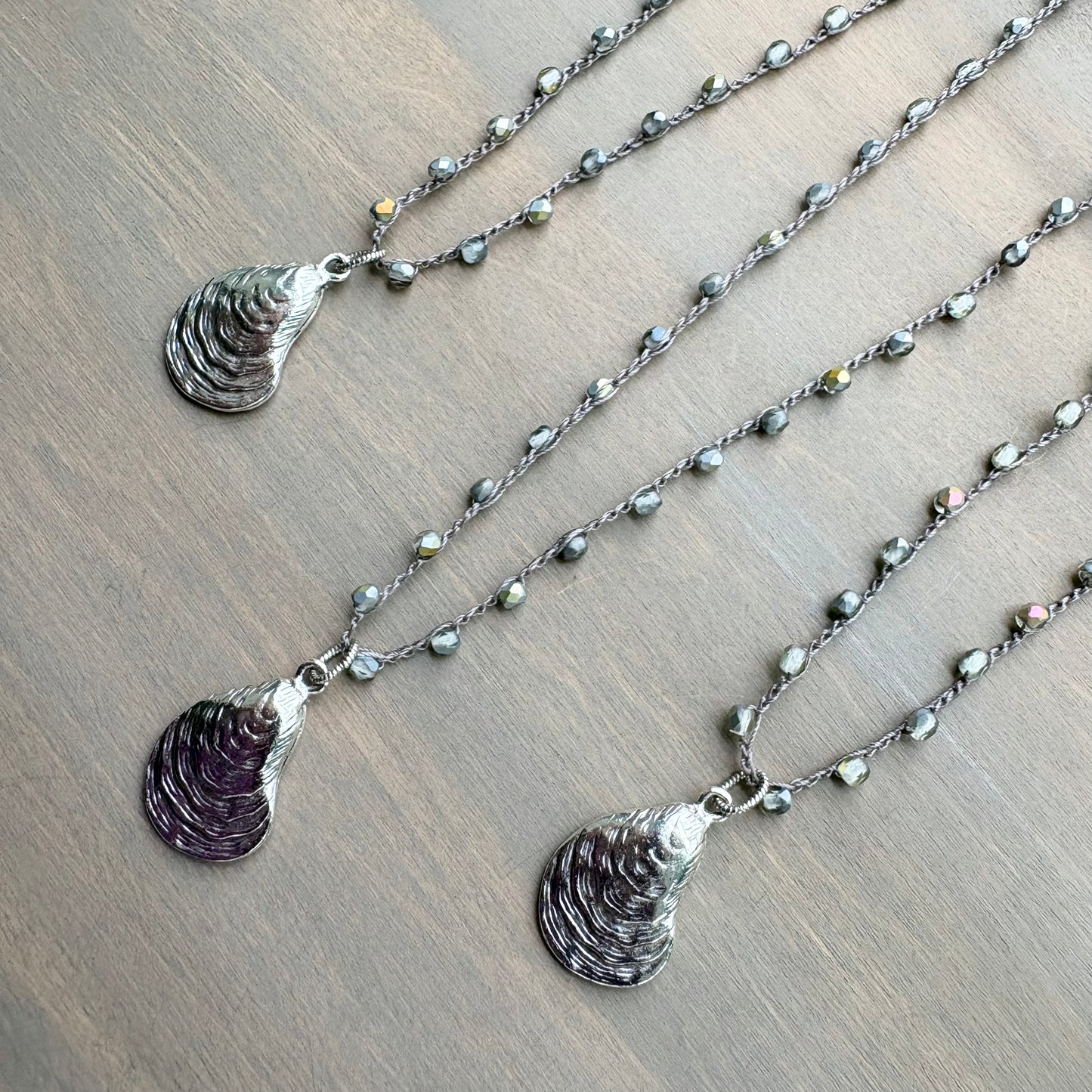 Silver Oyster Shell Beachcomber Pendant And Crocheted Czech Crystal Necklace