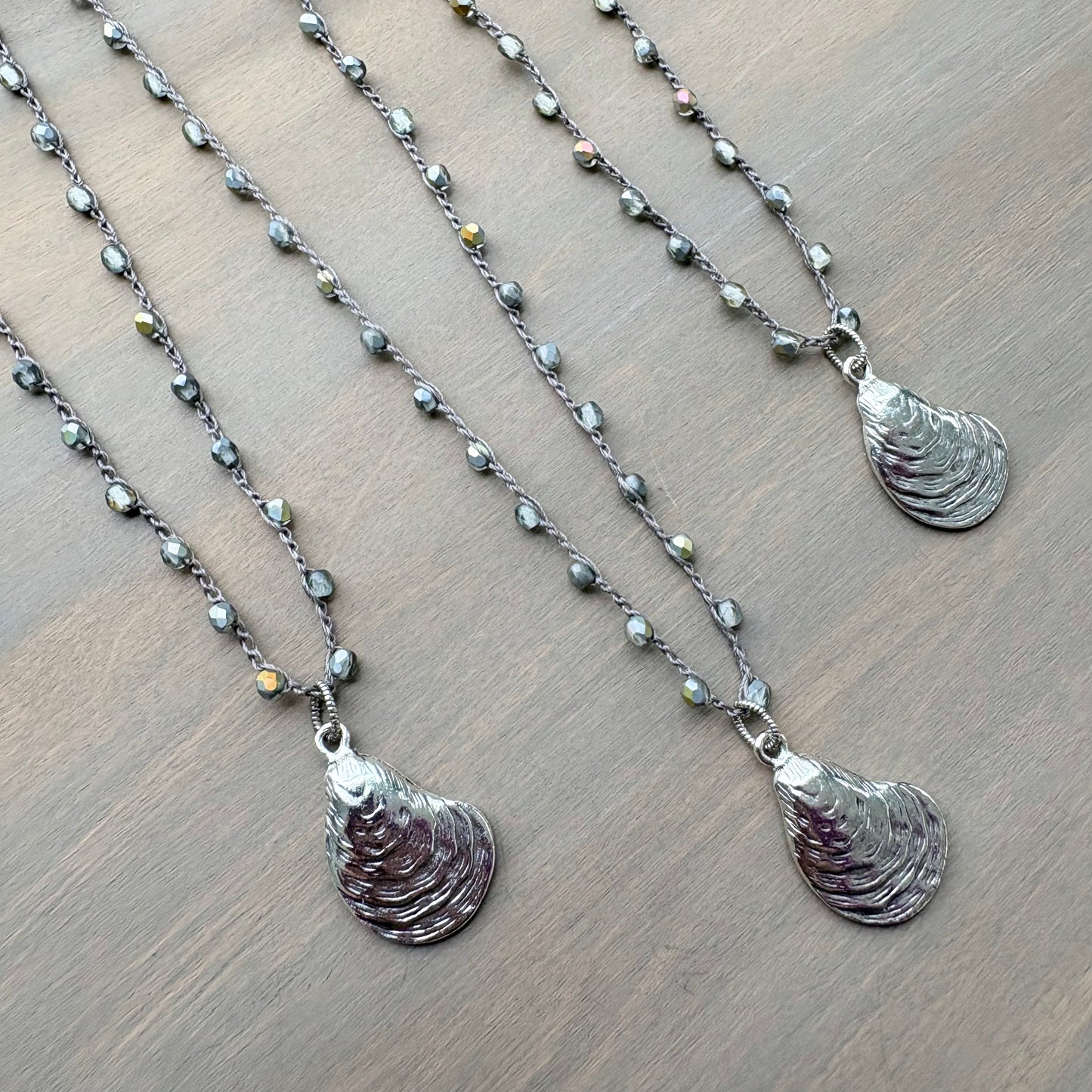 Silver Oyster Shell Beachcomber Pendant And Crocheted Czech Crystal Necklace