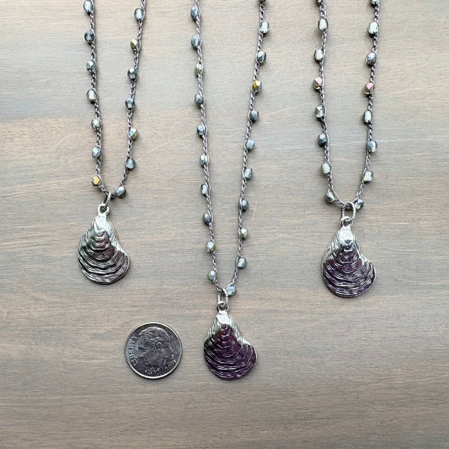 Silver Oyster Shell Beachcomber Pendant And Crocheted Czech Crystal Necklace
