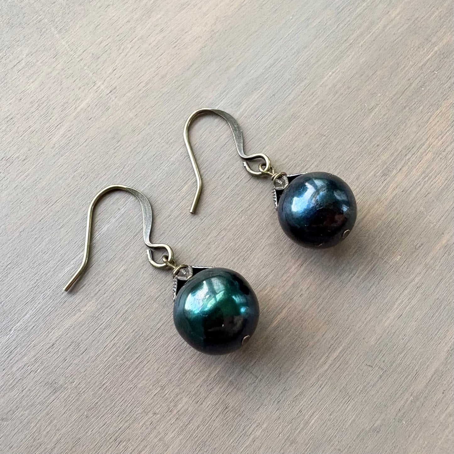 Deep Sea Green Freshwater Pearl Drop Earrings