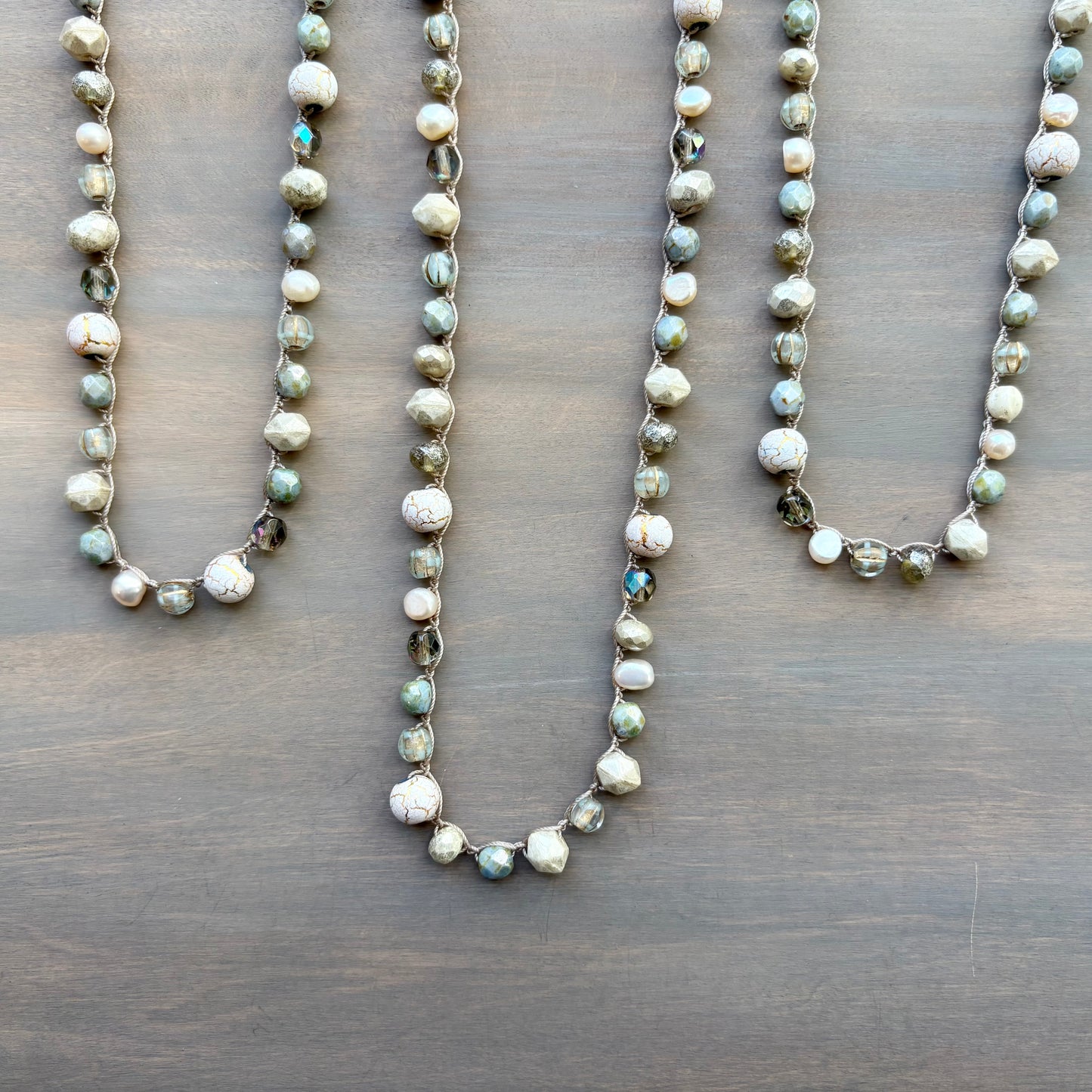 Sandy Beach Path Crocheted Necklace with Freshwater Pearls and Crystals