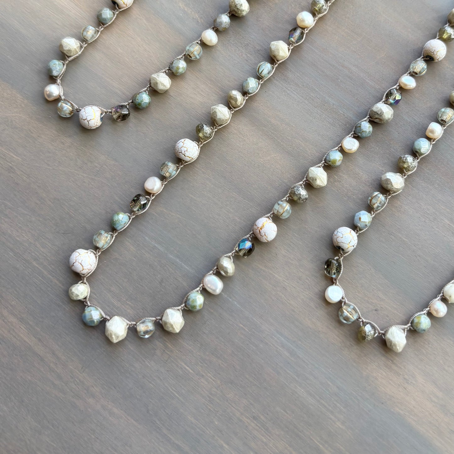 Sandy Beach Path Crocheted Necklace with Freshwater Pearls and Crystals