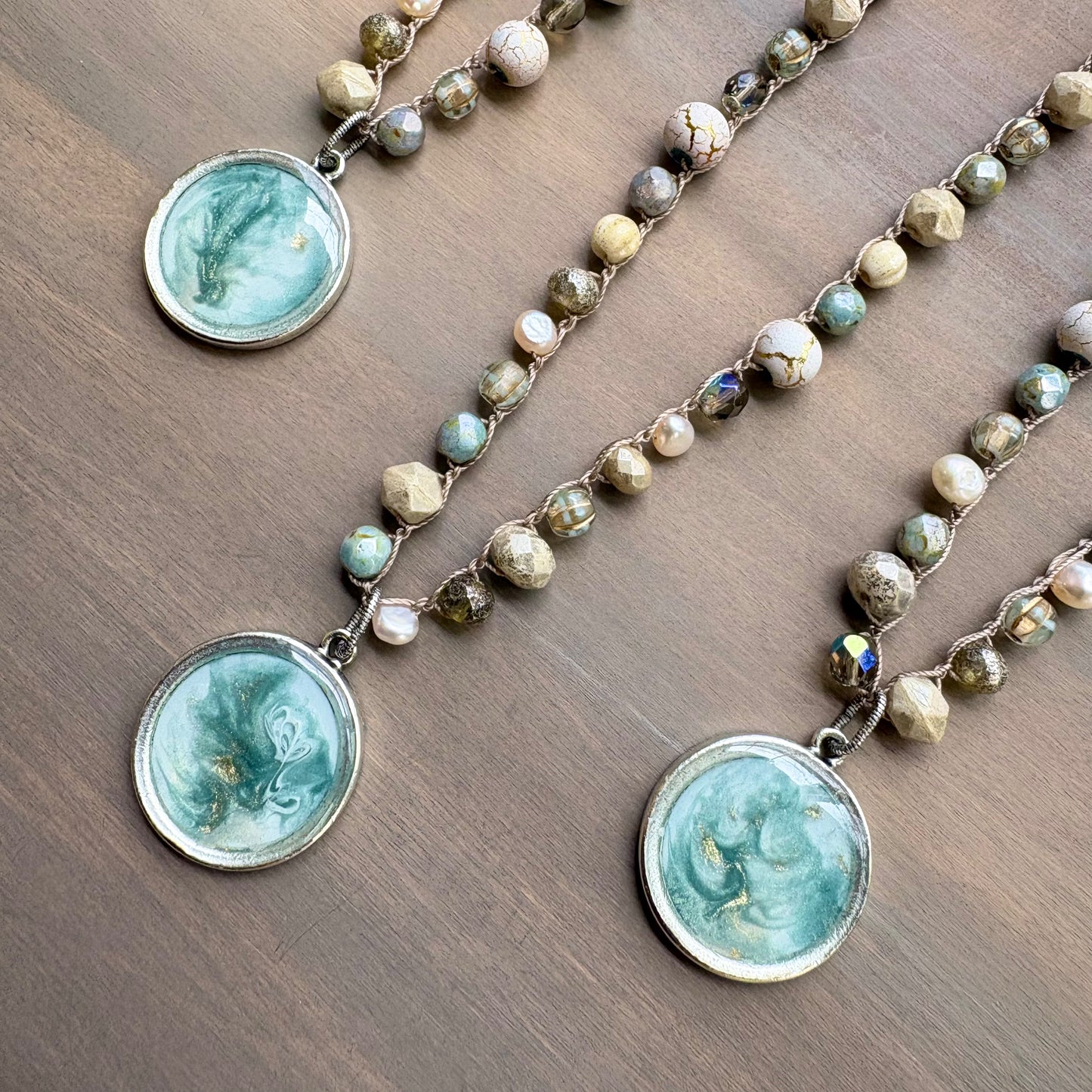 Sandy Beach Path Crocheted Portal Necklace with Freshwater Pearls