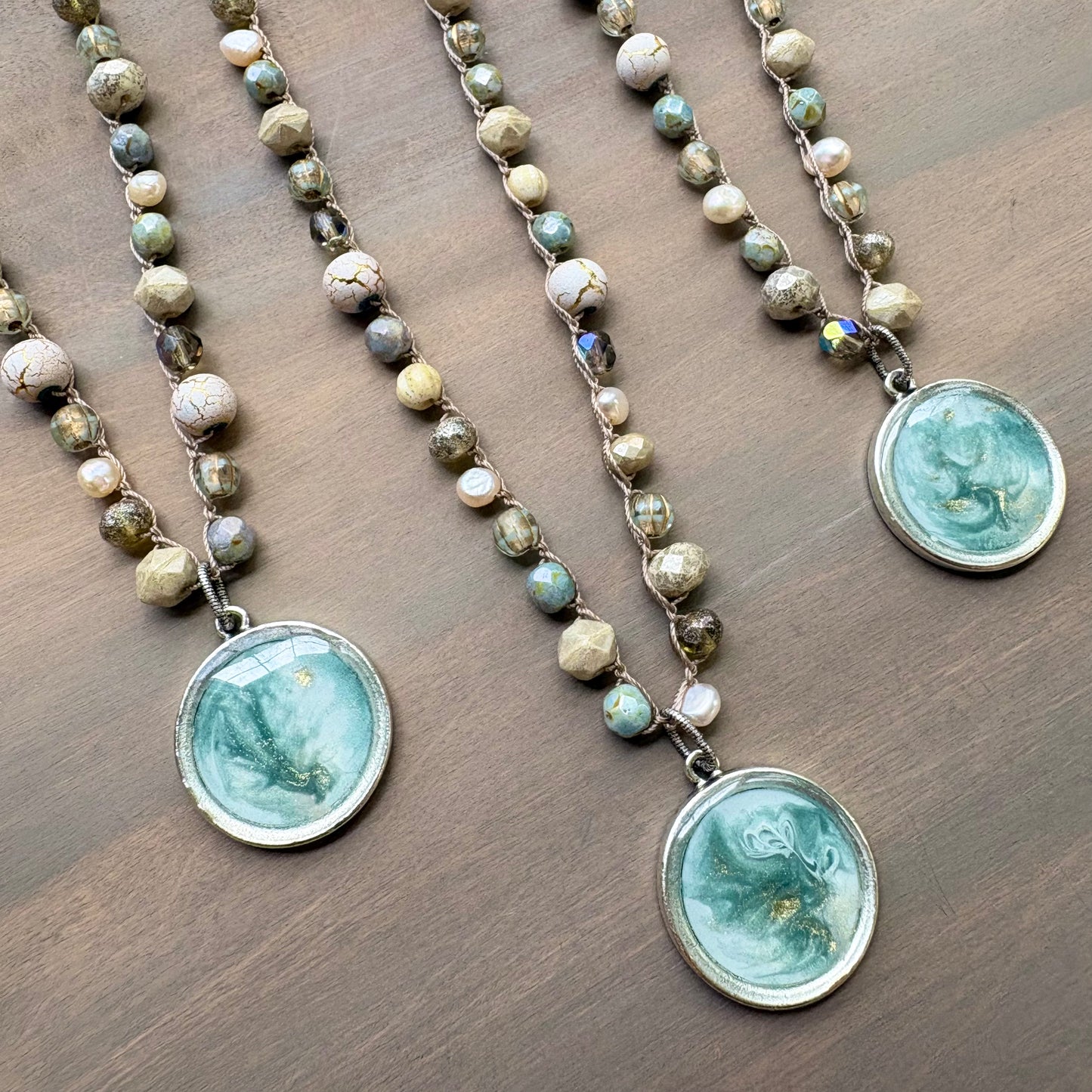 Sandy Beach Path Crocheted Portal Necklace with Freshwater Pearls