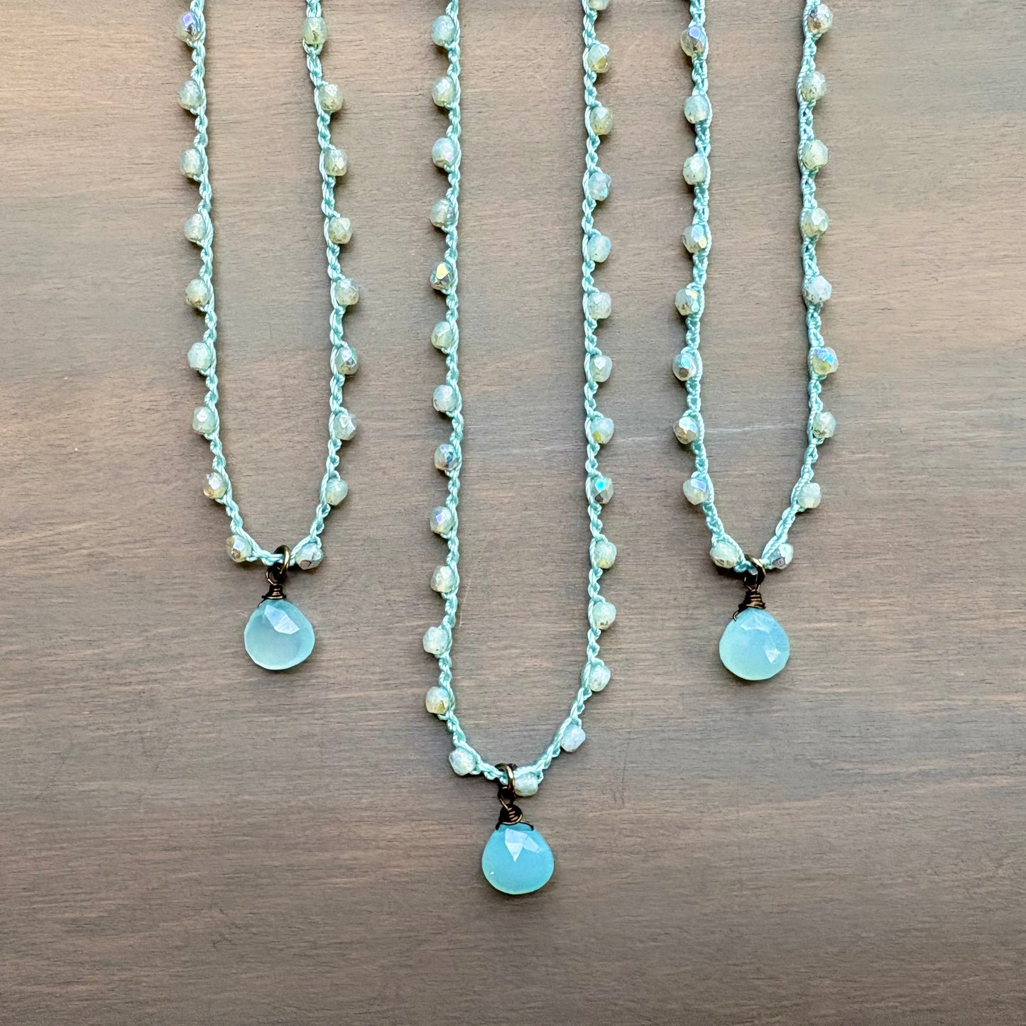 Dainty Chalcedony Drop Crocheted Beach Layering Necklace