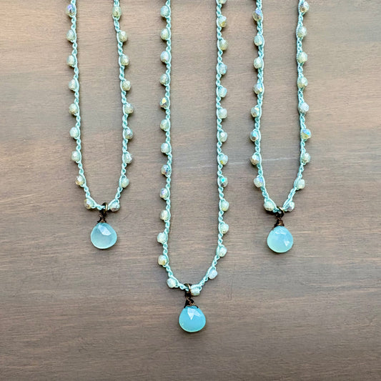 Dainty Chalcedony Drop Crocheted Beach Layering Necklace