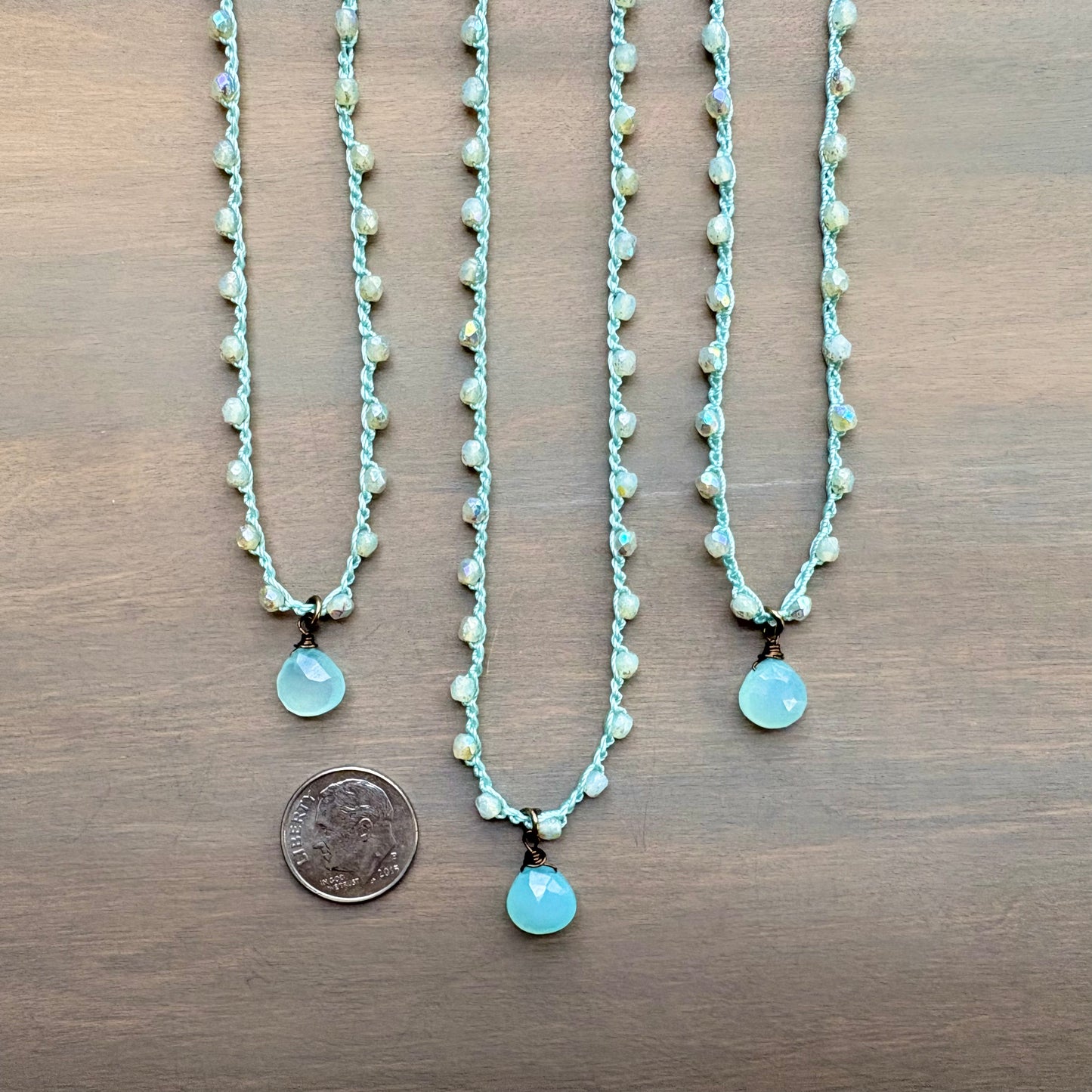 Dainty Chalcedony Drop Crocheted Beach Layering Necklace